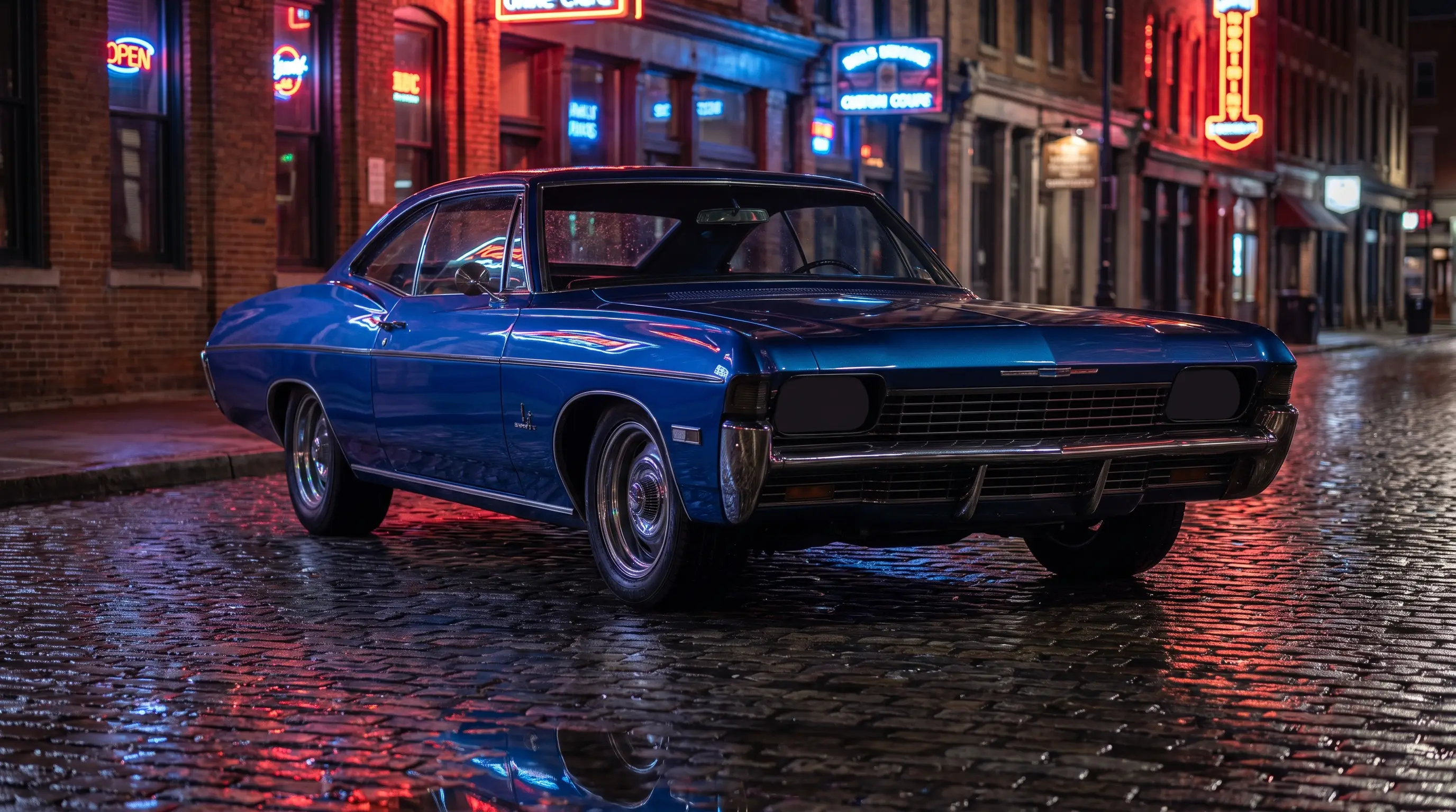 Blue 1968 Chevrolet Impala Custom Coupe on a wet neon lit city street