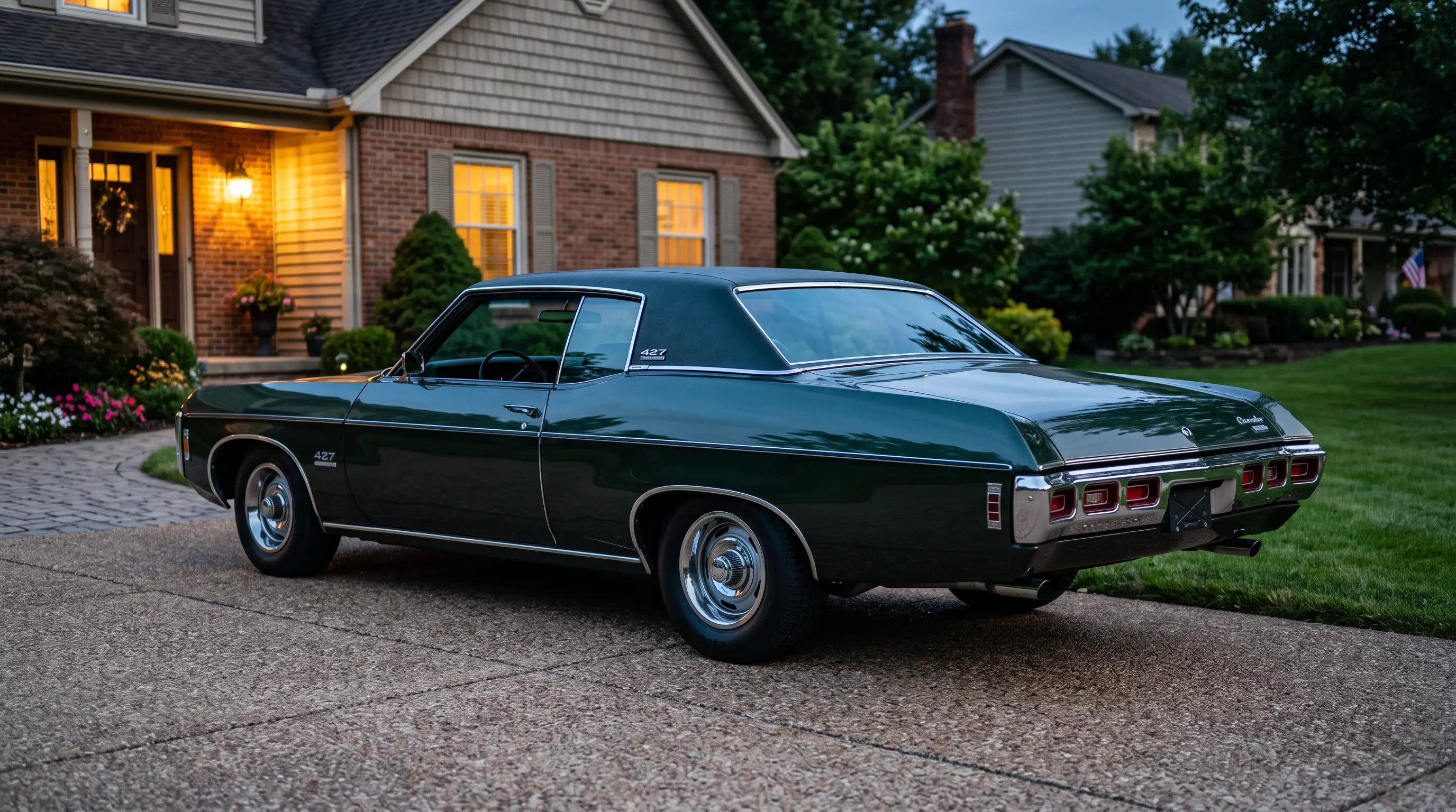 Dark green 1969 Chevrolet Impala with 427 badge in suburban driveway