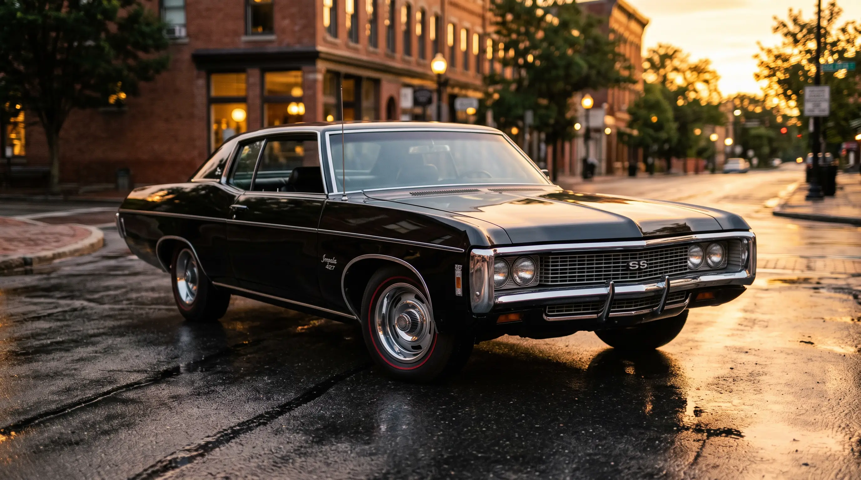 Black 1969 Chevrolet Impala SS parked on wet street at golden hour