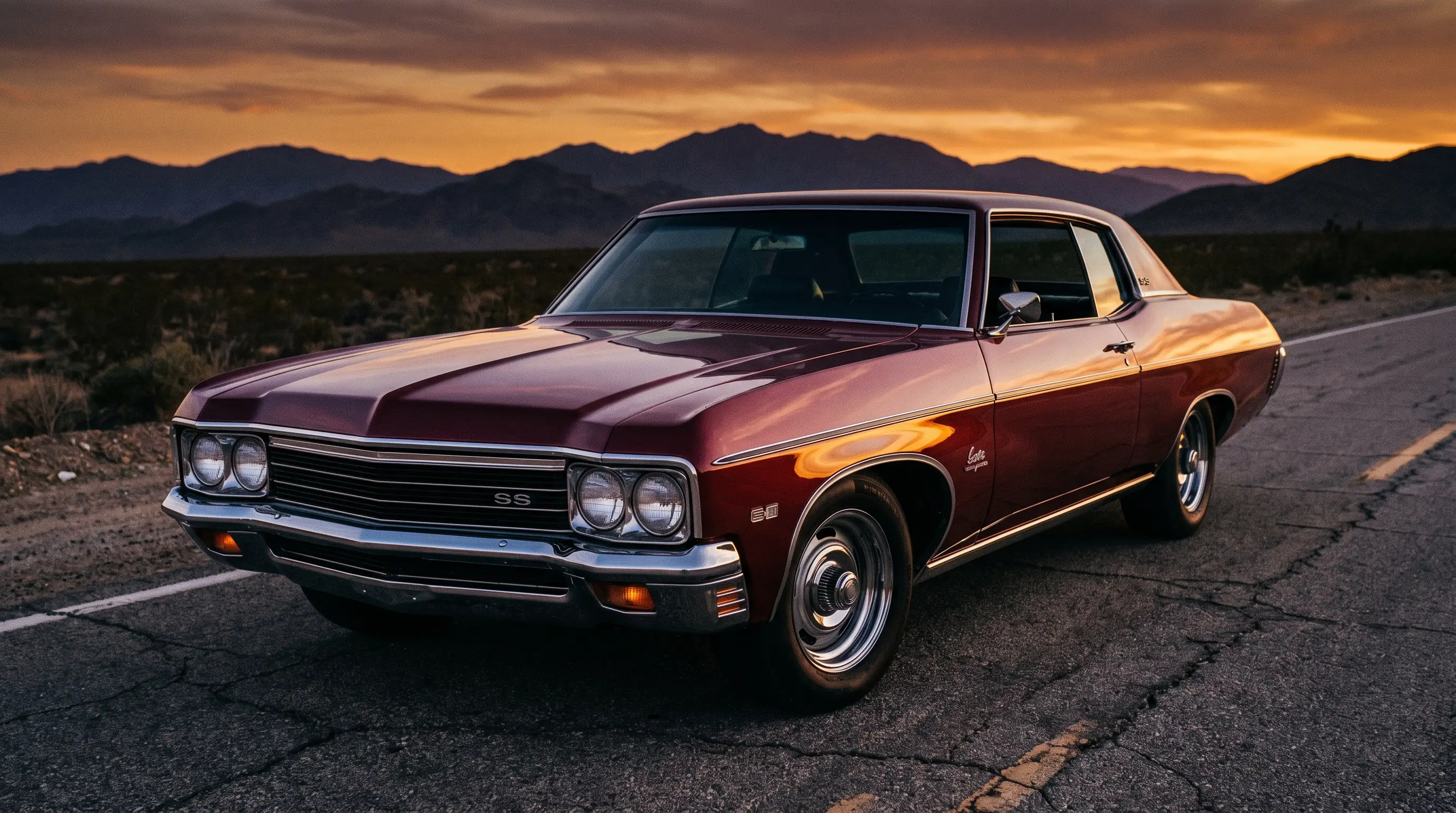 Burgundy 1970 Chevrolet Impala SS on open highway at dusk