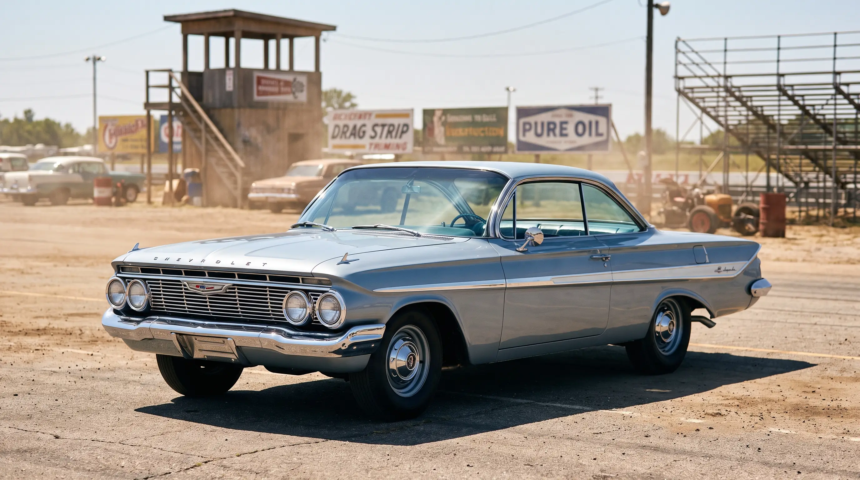 Silver blue 1961 Chevrolet Impala with 409 badge staged at a classic drag strip