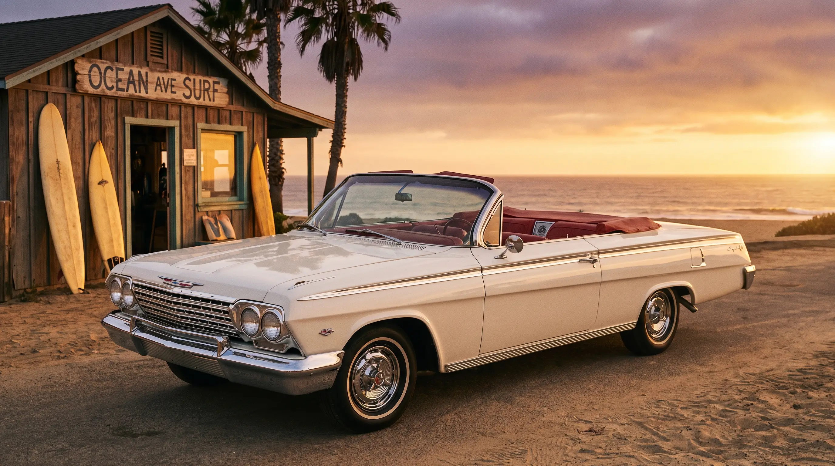 Pearl white 1962 Chevrolet Impala SS parked near a beach surf shop at sunset
