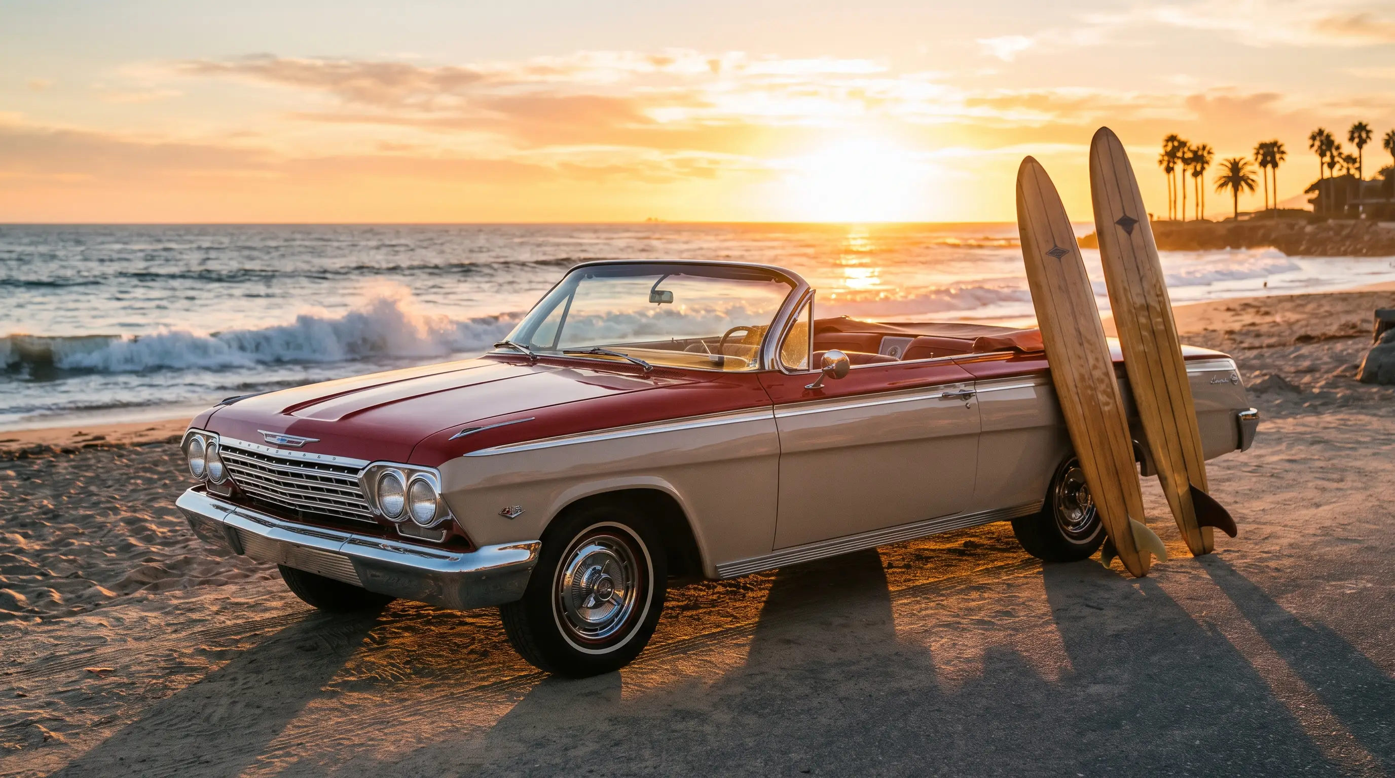 1962 Impala 409 parked on a California beach road at sunset with surfboards nearby