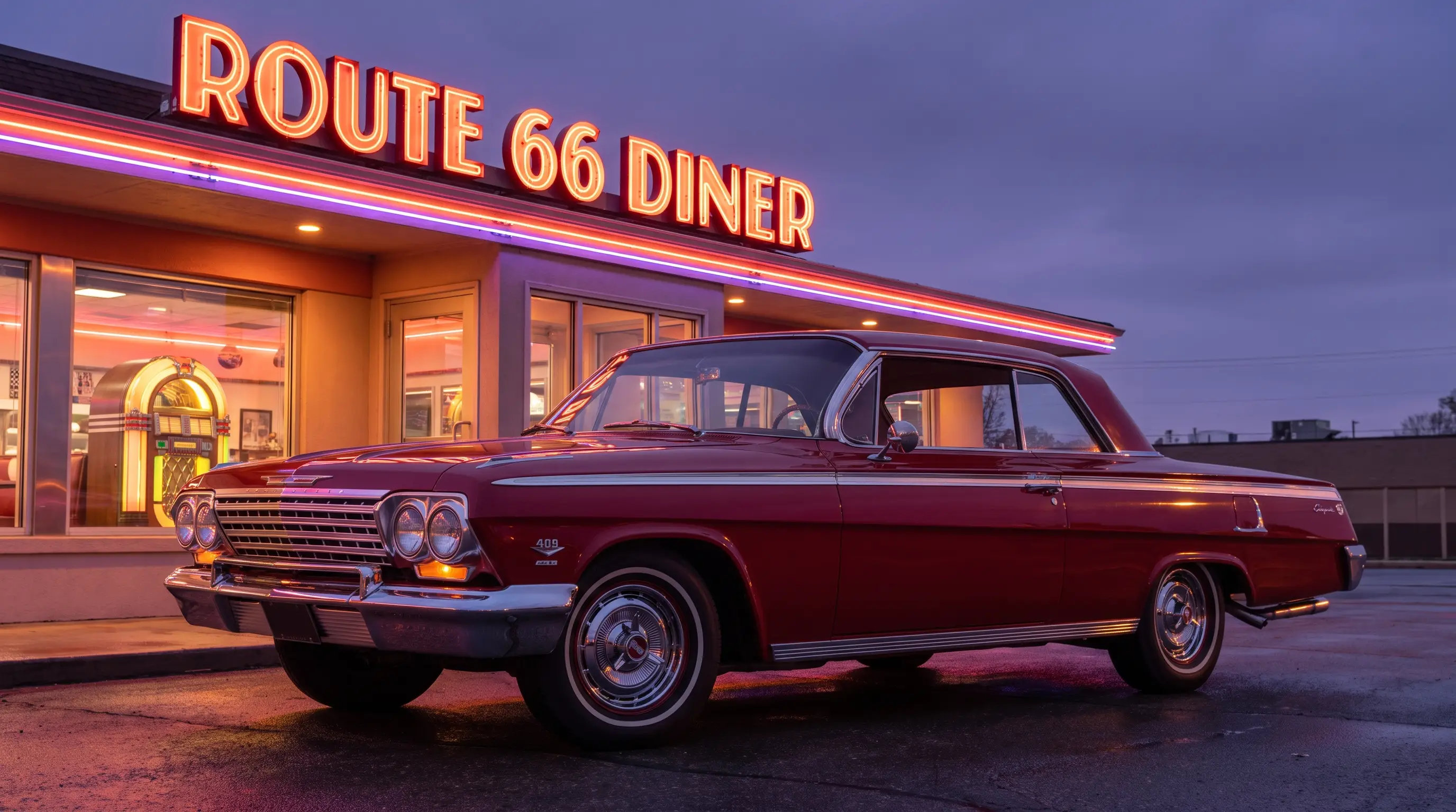 Red 1962 Chevrolet Impala with 409 badge beside a neon diner at dusk