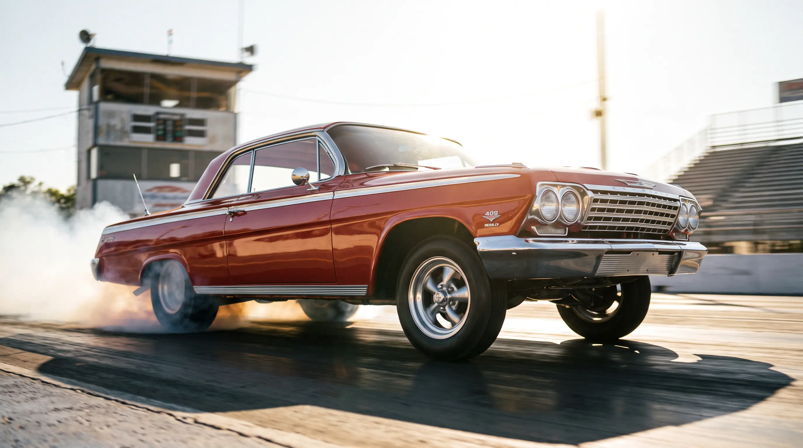 1962 Chevrolet Impala 409 SS launching with tire smoke at a vintage drag strip