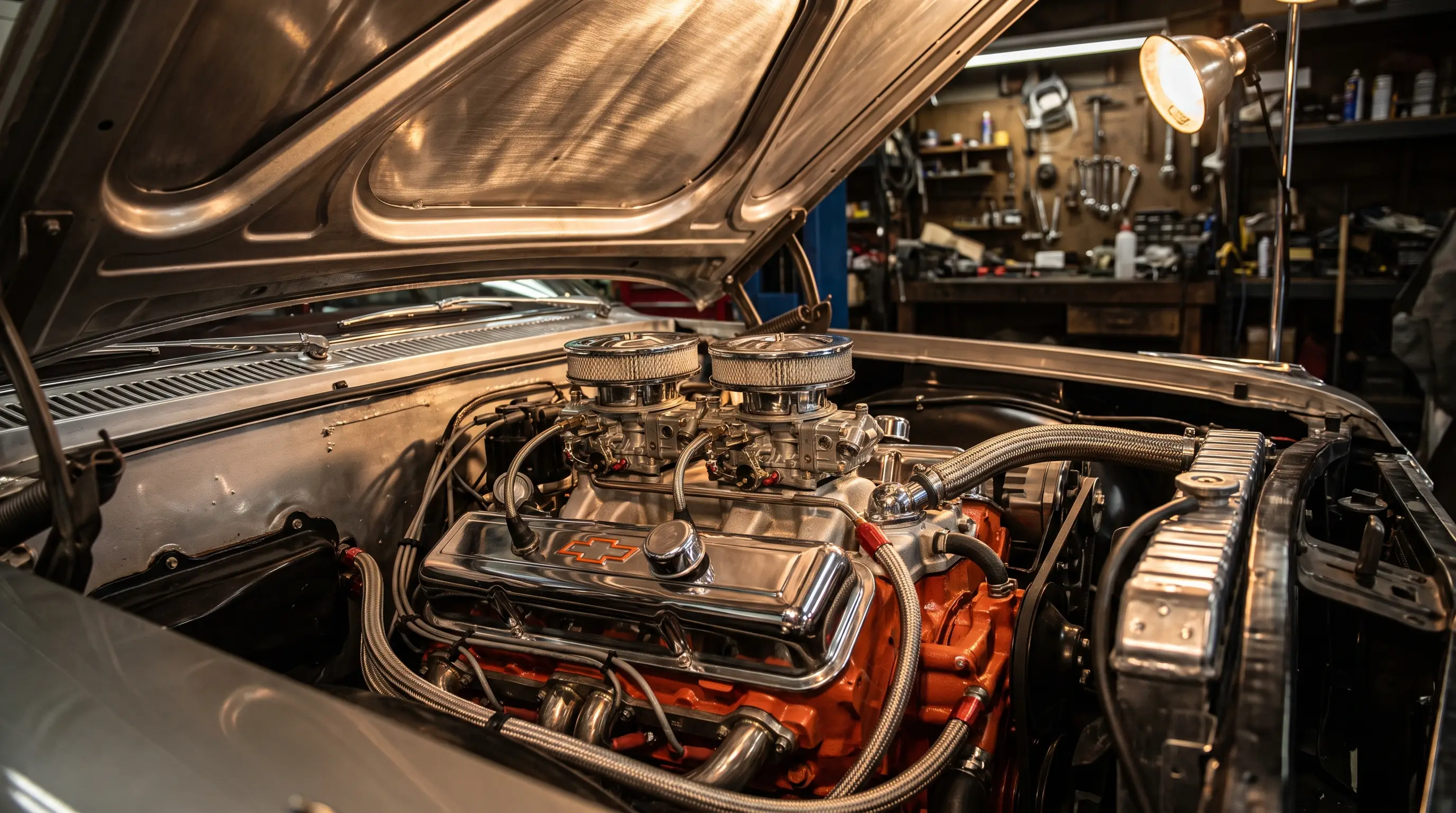 Close up of a dual quad 409 V8 engine under an open hood with chrome air cleaners
