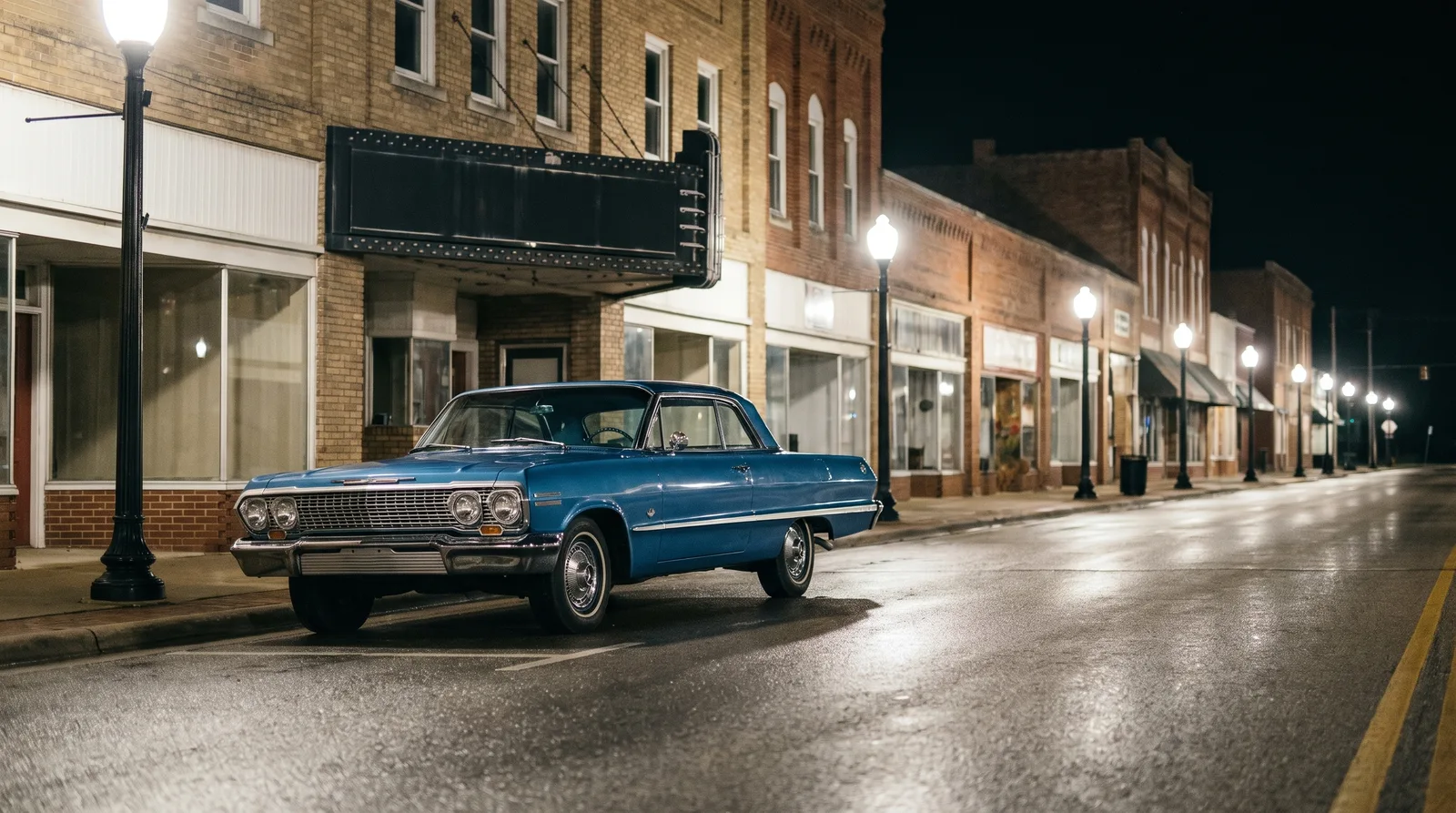 1963 Chevrolet Impala SS 409, parked on a small-town main street at night