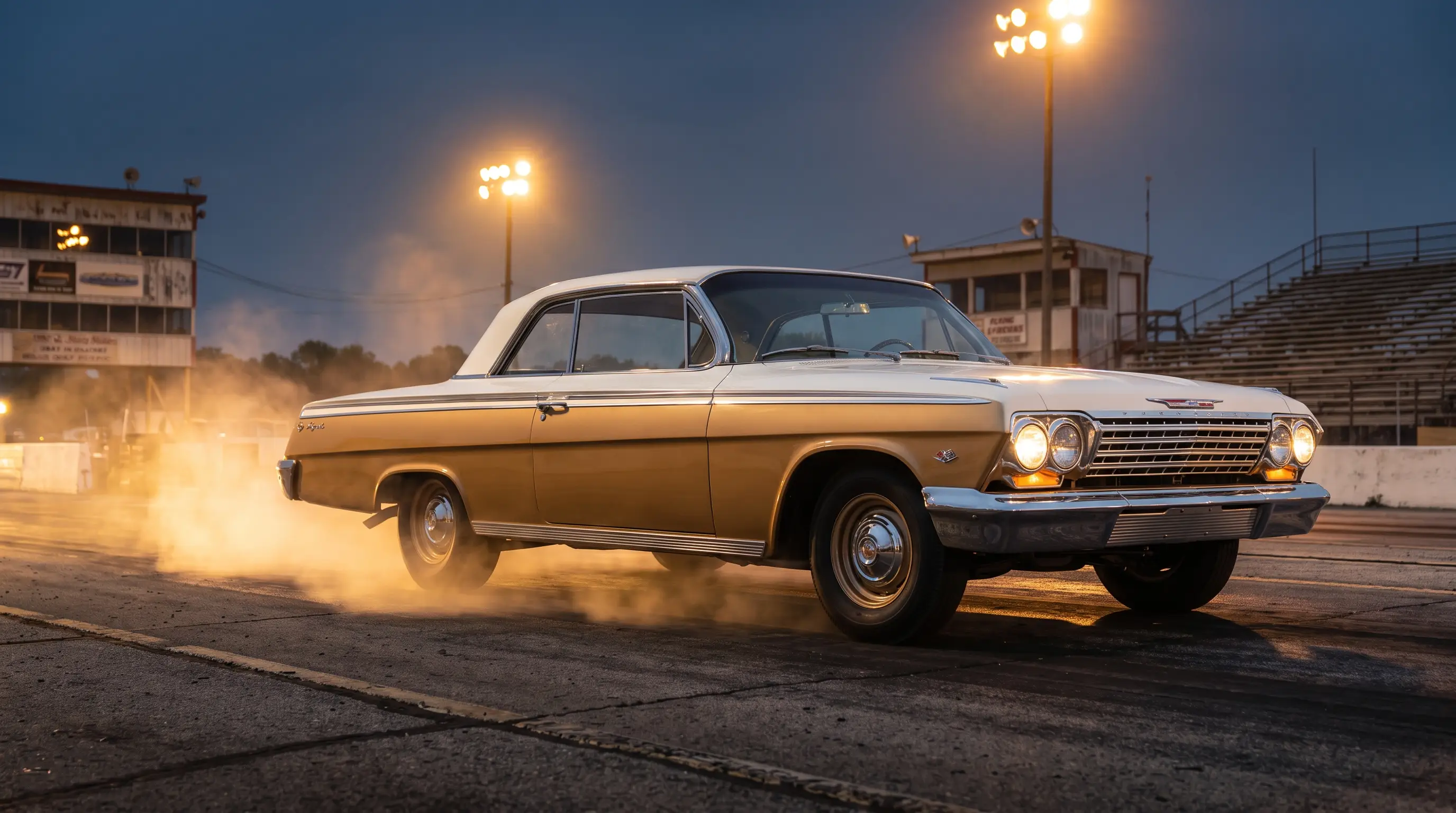 1962 Chevrolet Impala 409 staged at a drag strip starting line at dusk