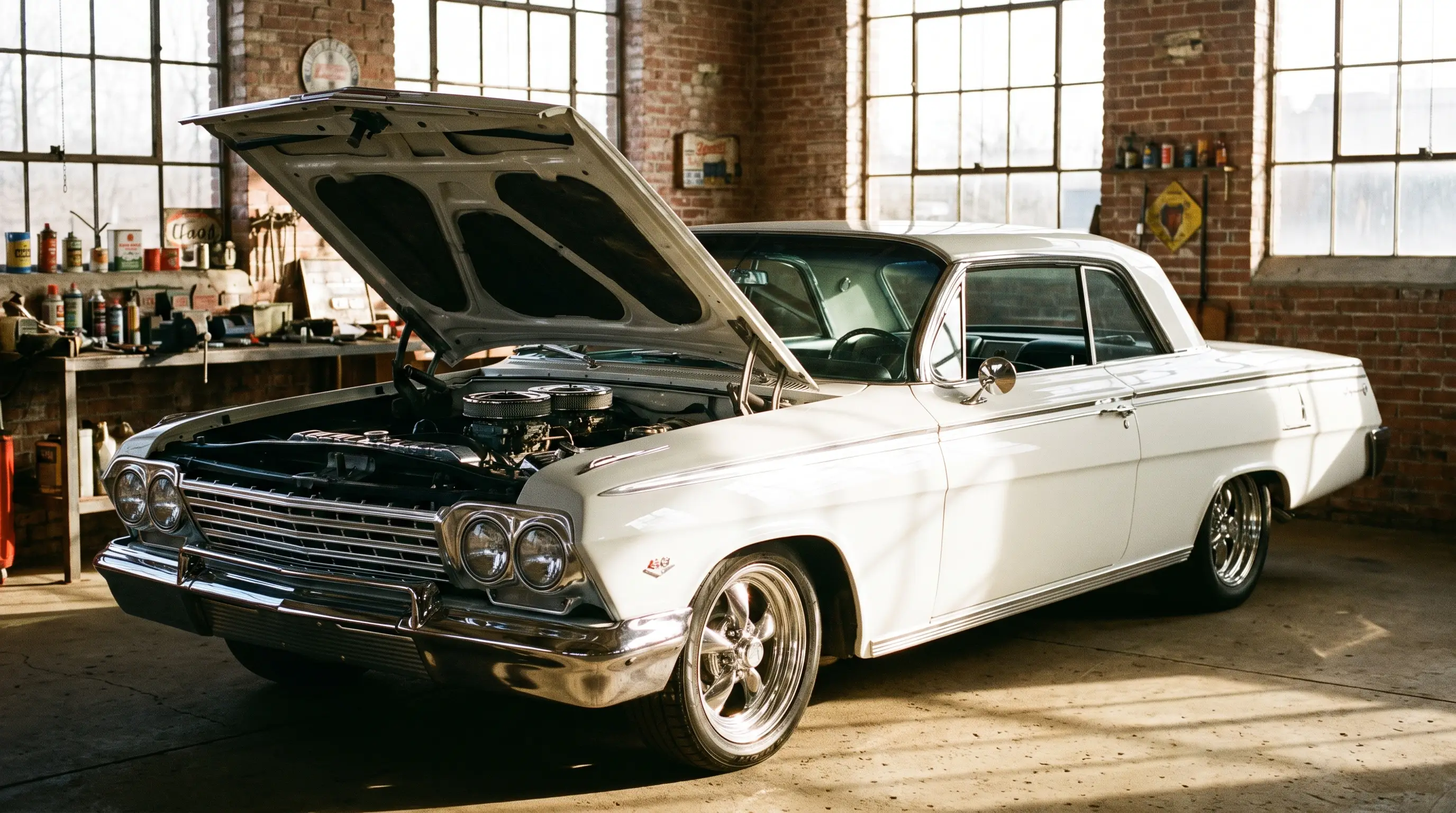 White 1962 Chevrolet Impala SS 409 with hood open showing dual quad engine