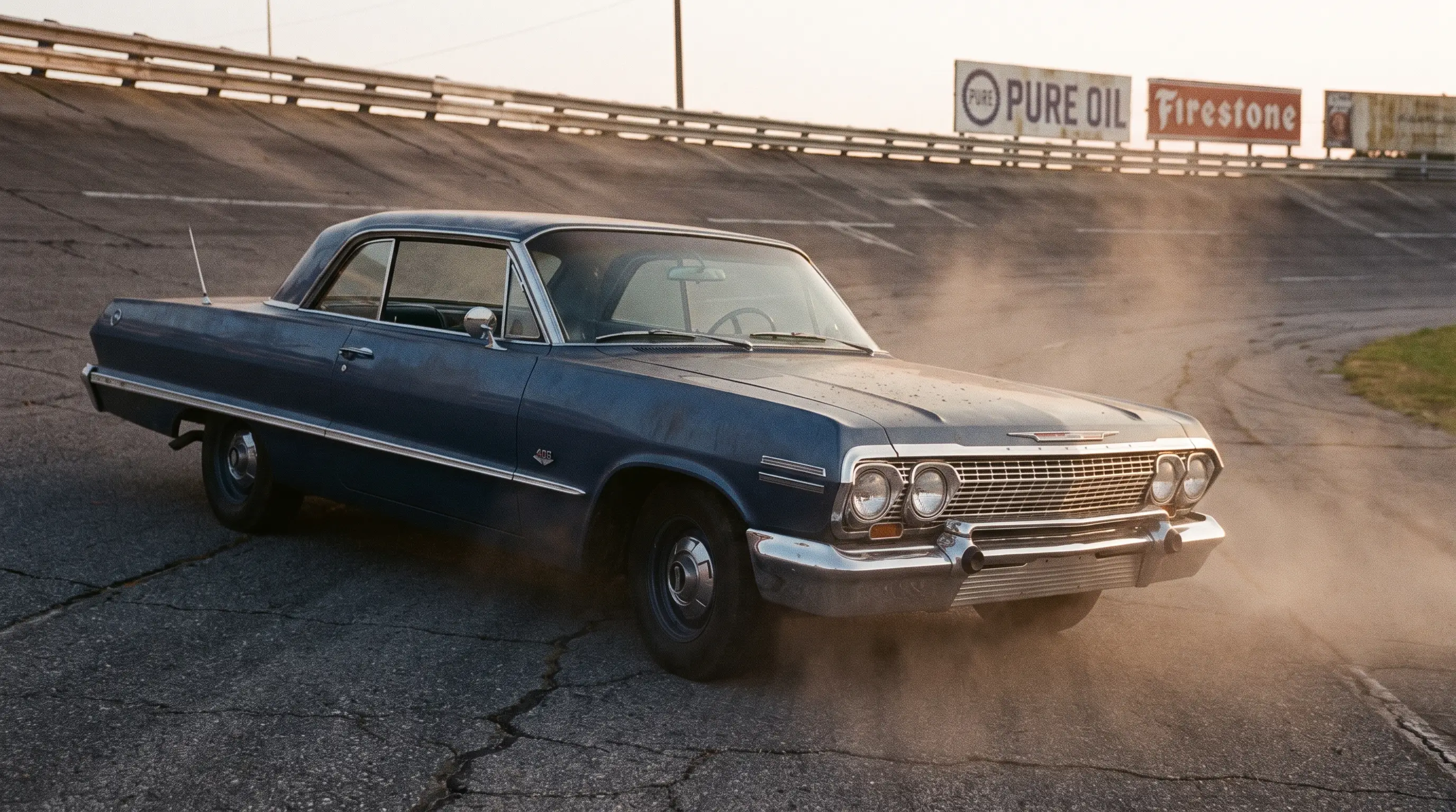 1963 Chevrolet Impala with 409 badge parked at a banked vintage NASCAR speedway turn