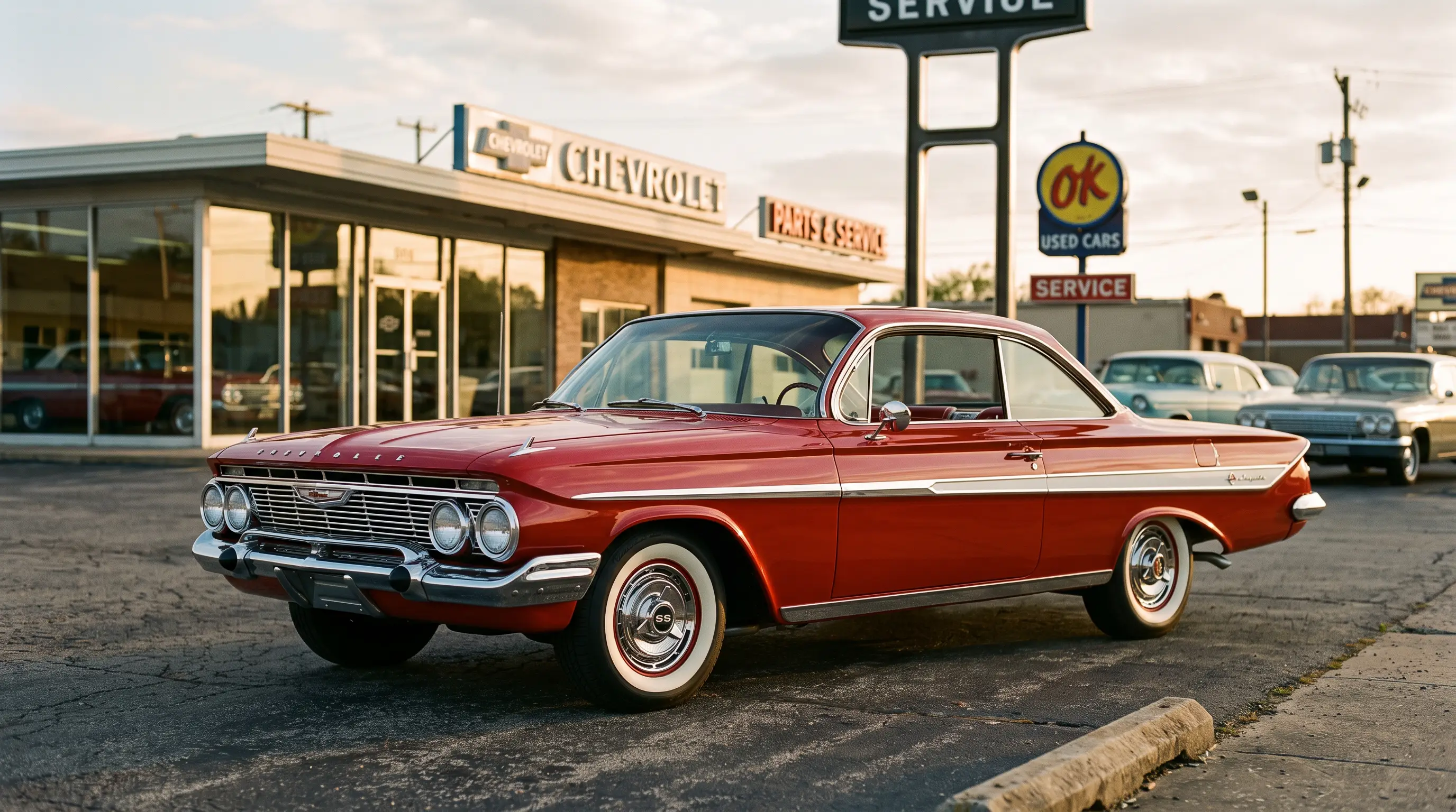Red 1961 Chevrolet Impala SS 409 parked at a period correct dealership lot