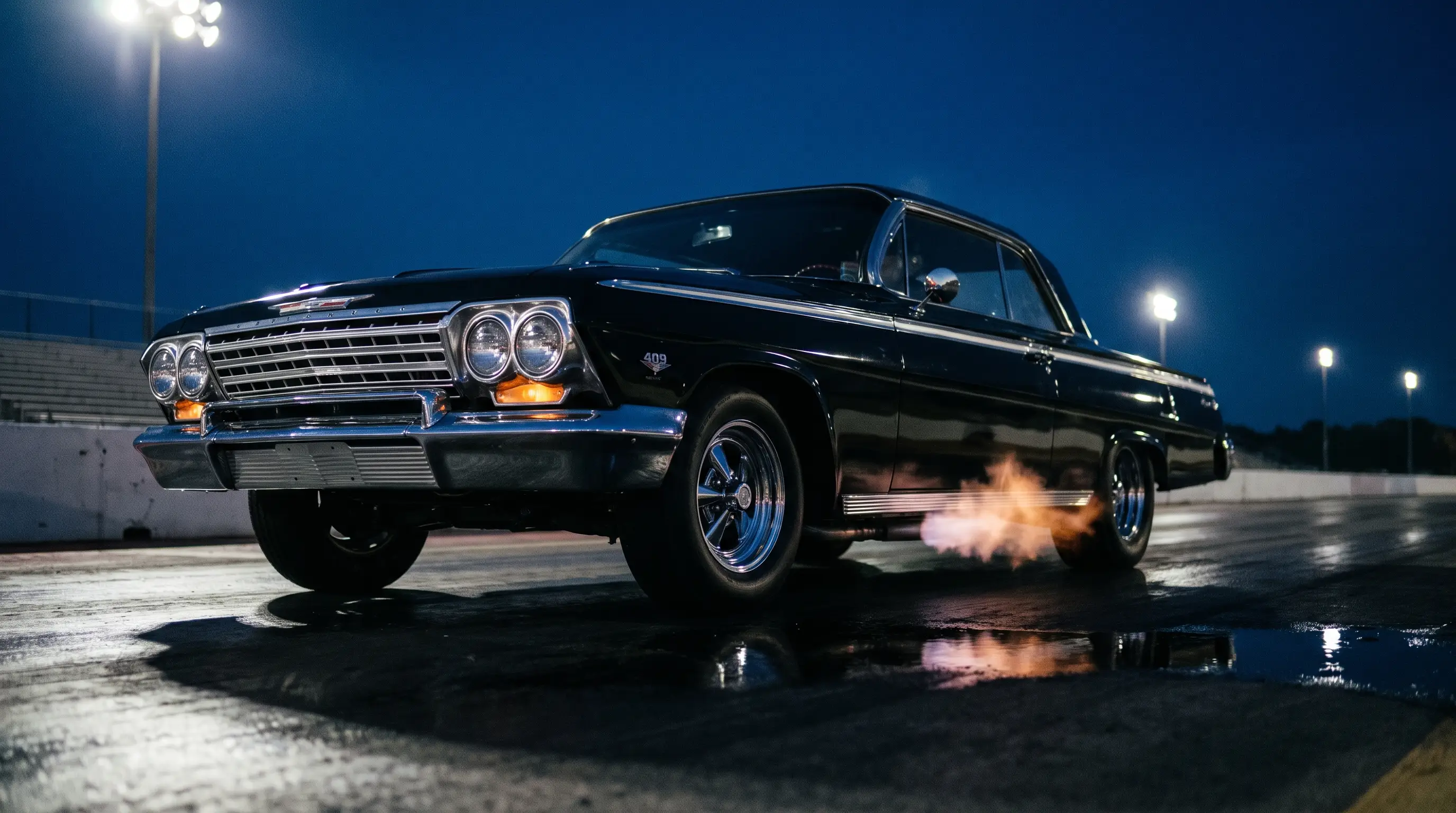 1962 Chevrolet Impala SS with 409 engine at a moody night drag strip under stadium lights