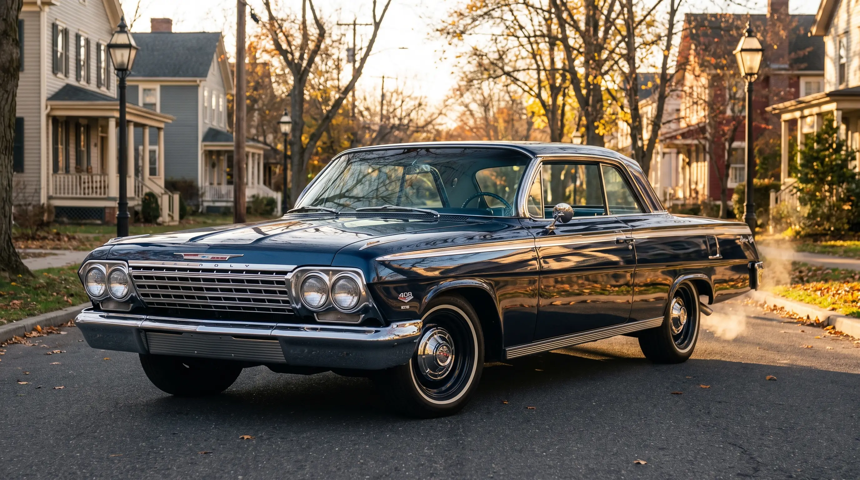 Dark blue 1962 Chevrolet Impala SS 409 parked on a suburban street at golden hour