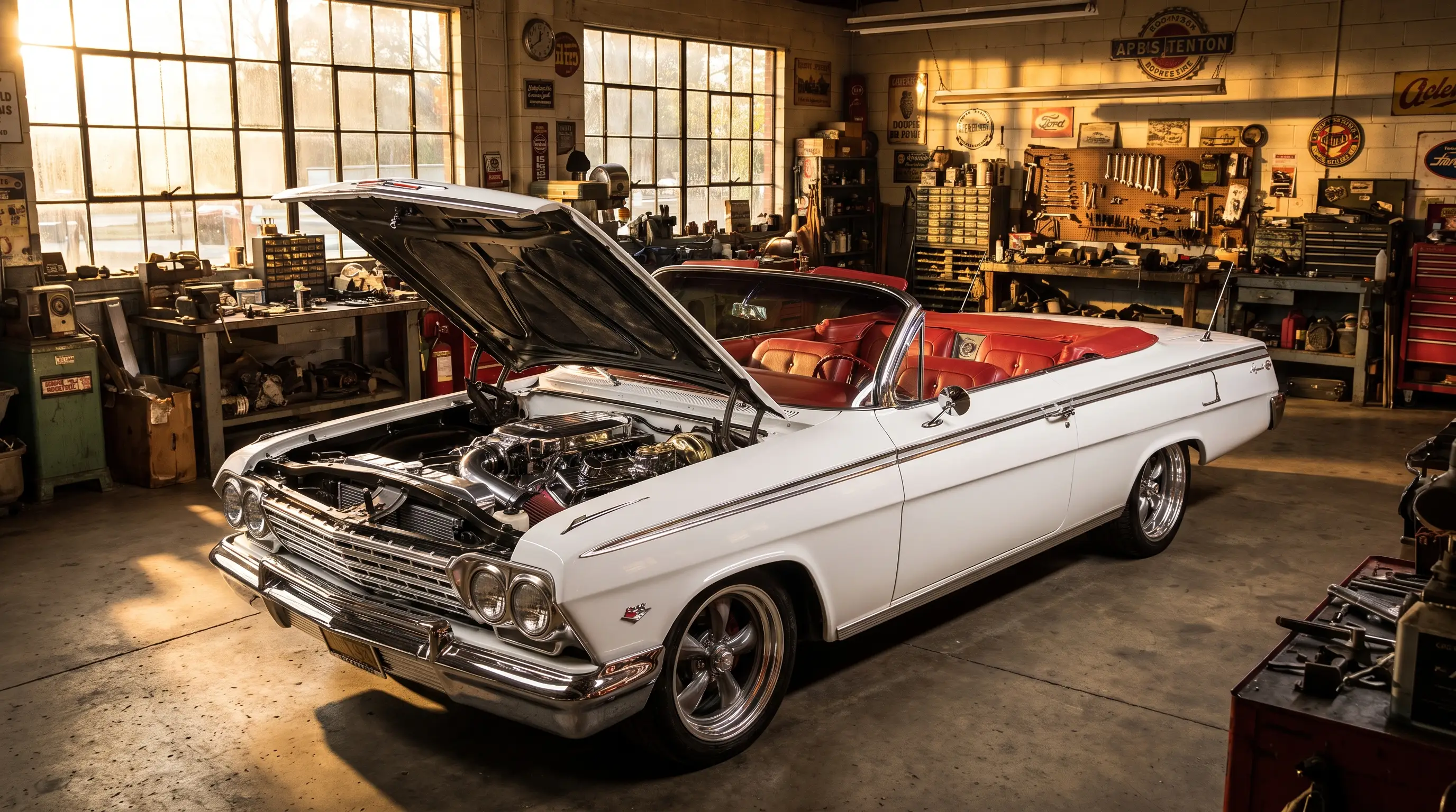 White 1962 Chevrolet Impala SS with open hood revealing big block V8 in a speed shop