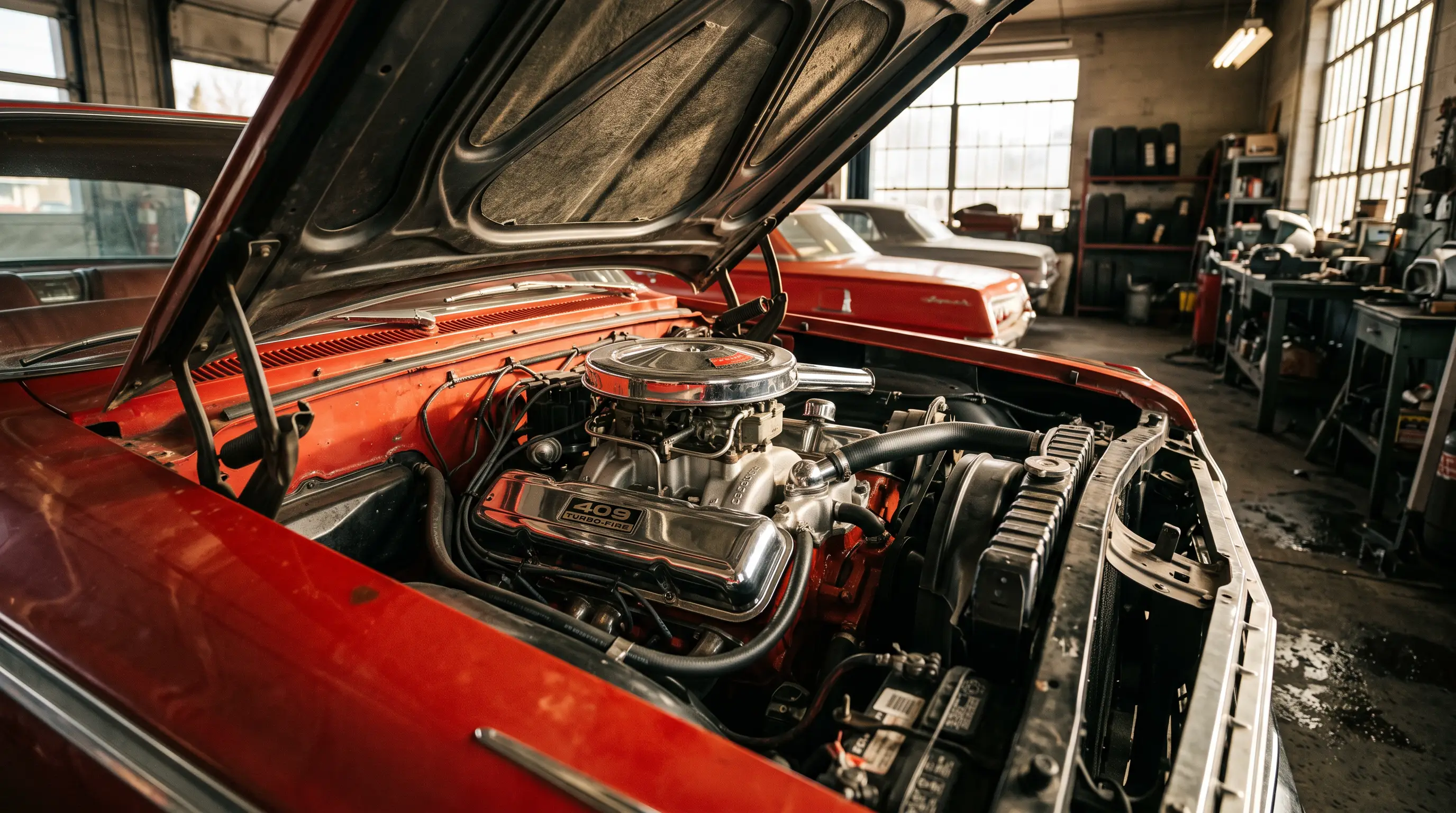 Close up of a 1962 Chevrolet Impala 409 W series big block engine with chrome valve covers