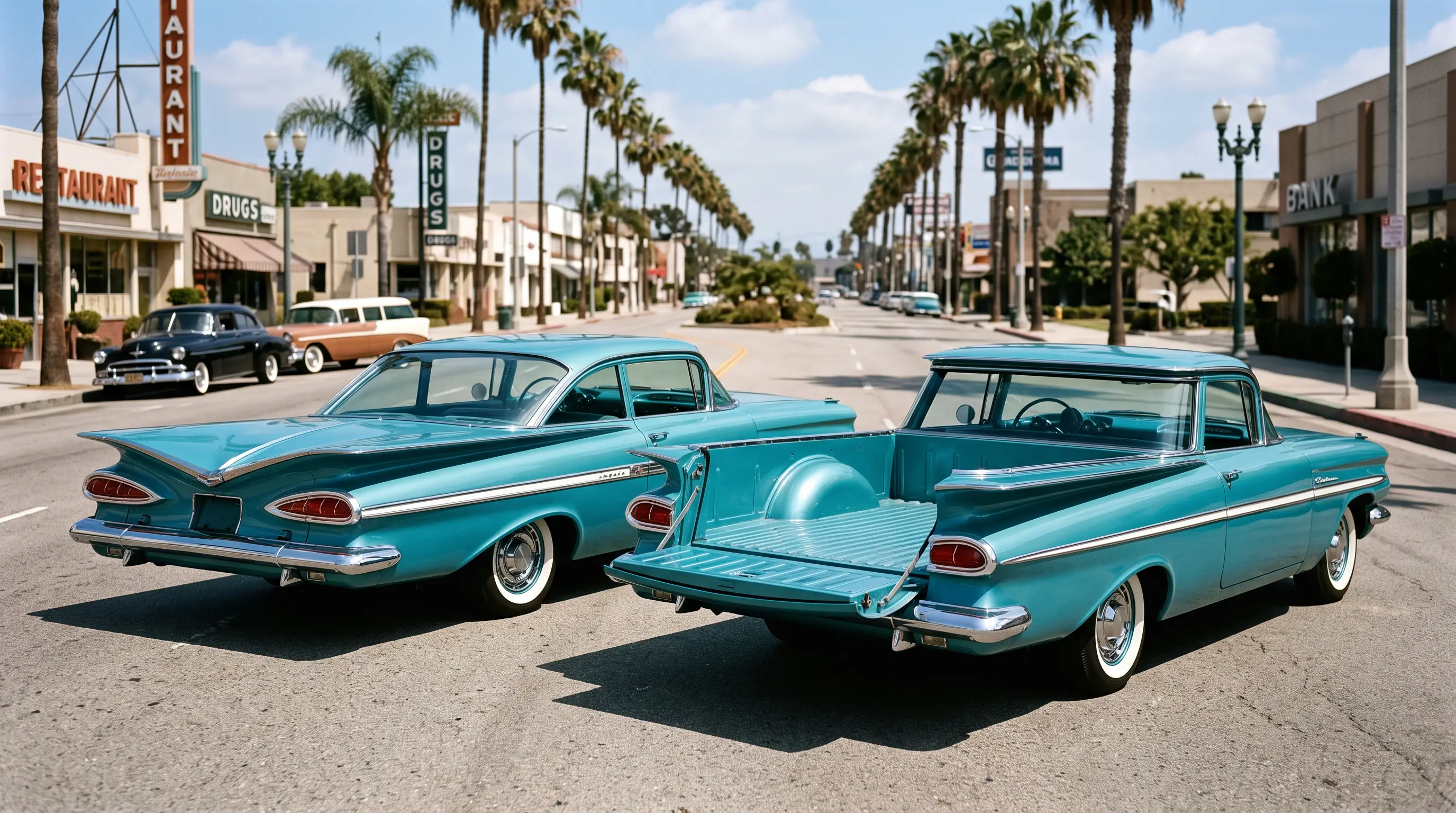 Turquoise 1959 Impala with tailfins beside a matching turquoise first generation El Camino