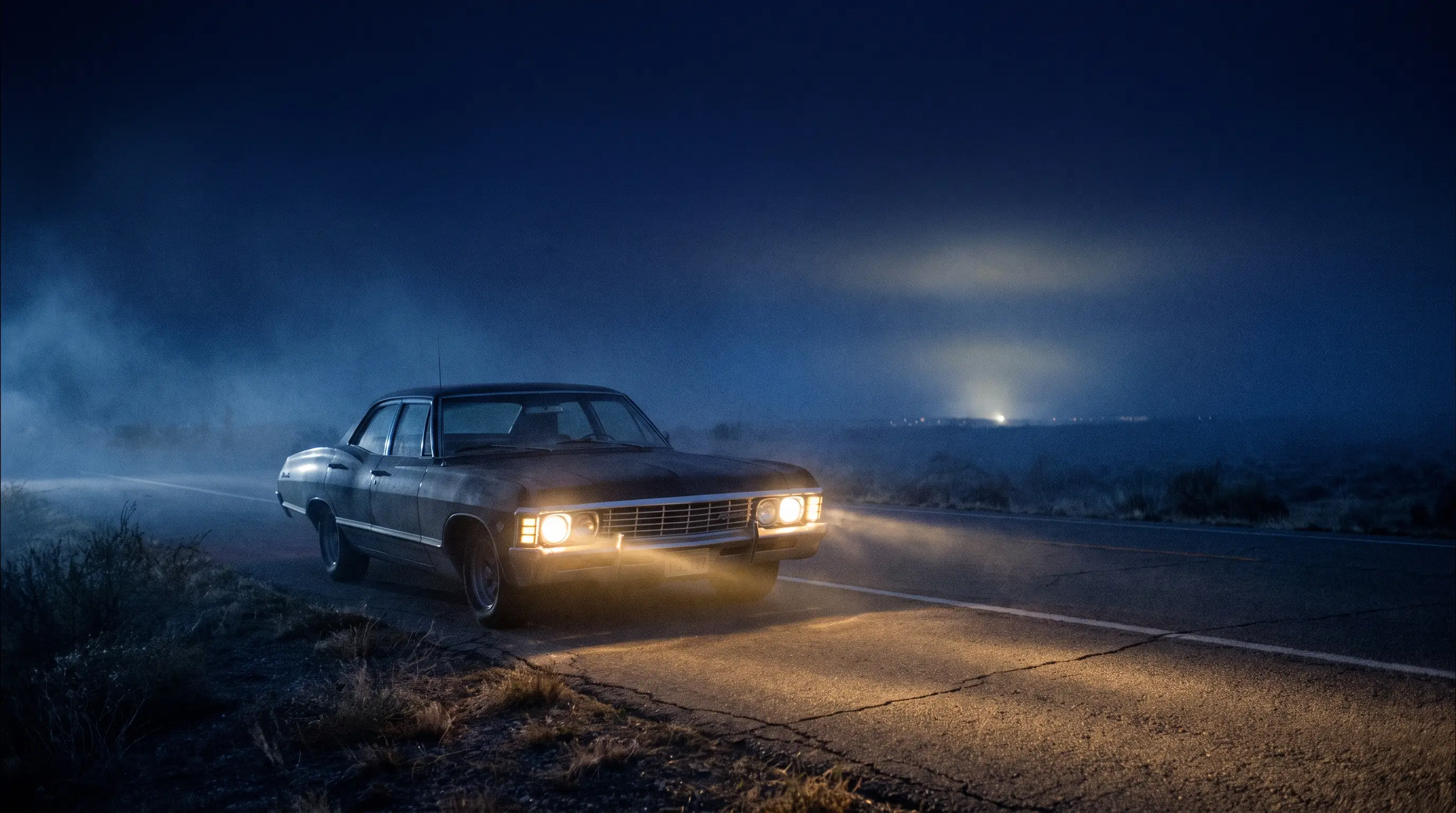 Black 1967 Chevrolet Impala sedan on a dark lonely highway with glowing headlights at night