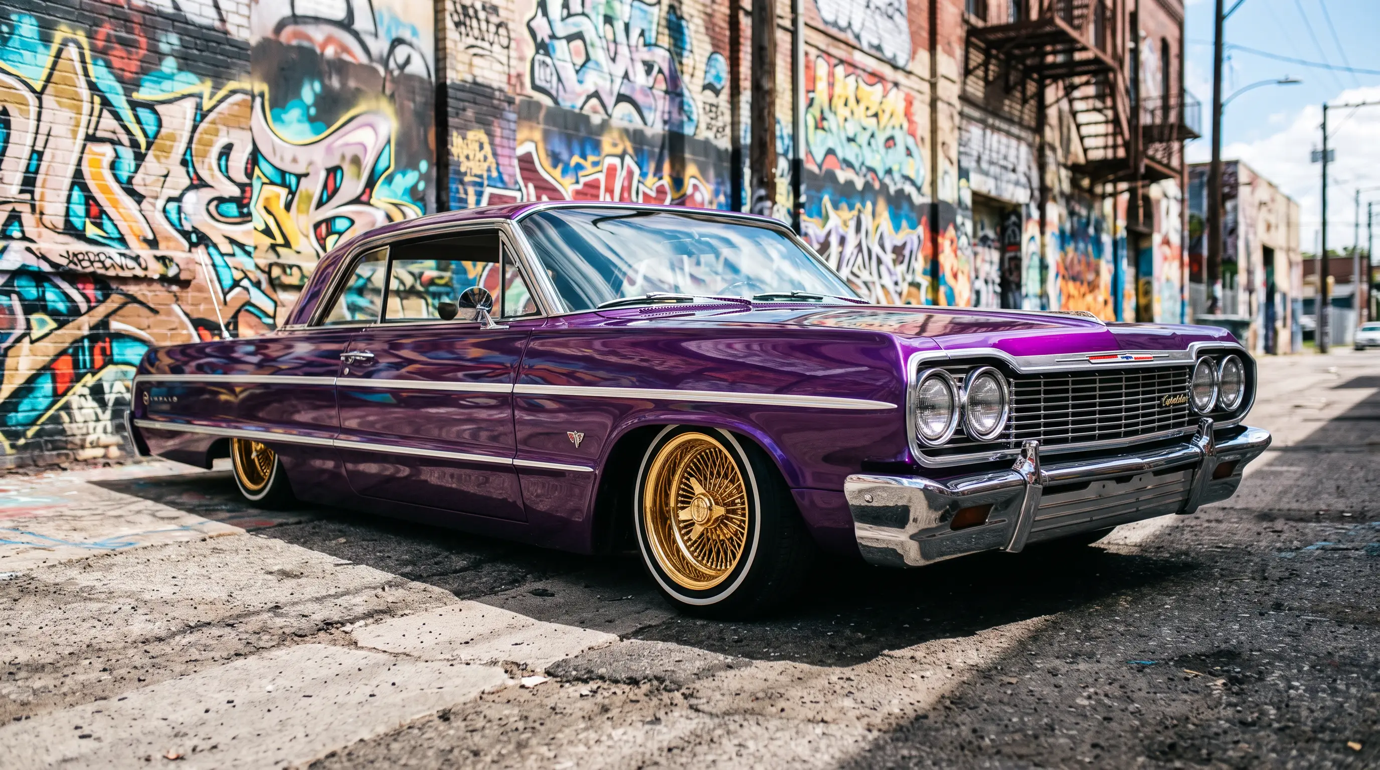 Candy purple 1964 Chevrolet Impala lowrider with gold wire wheels in a mural lined alley