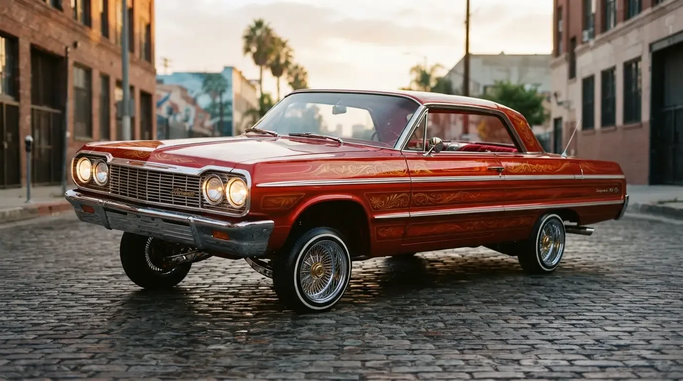 Classic Chevrolet Impala lowrider with hydraulics, three-quarter front view