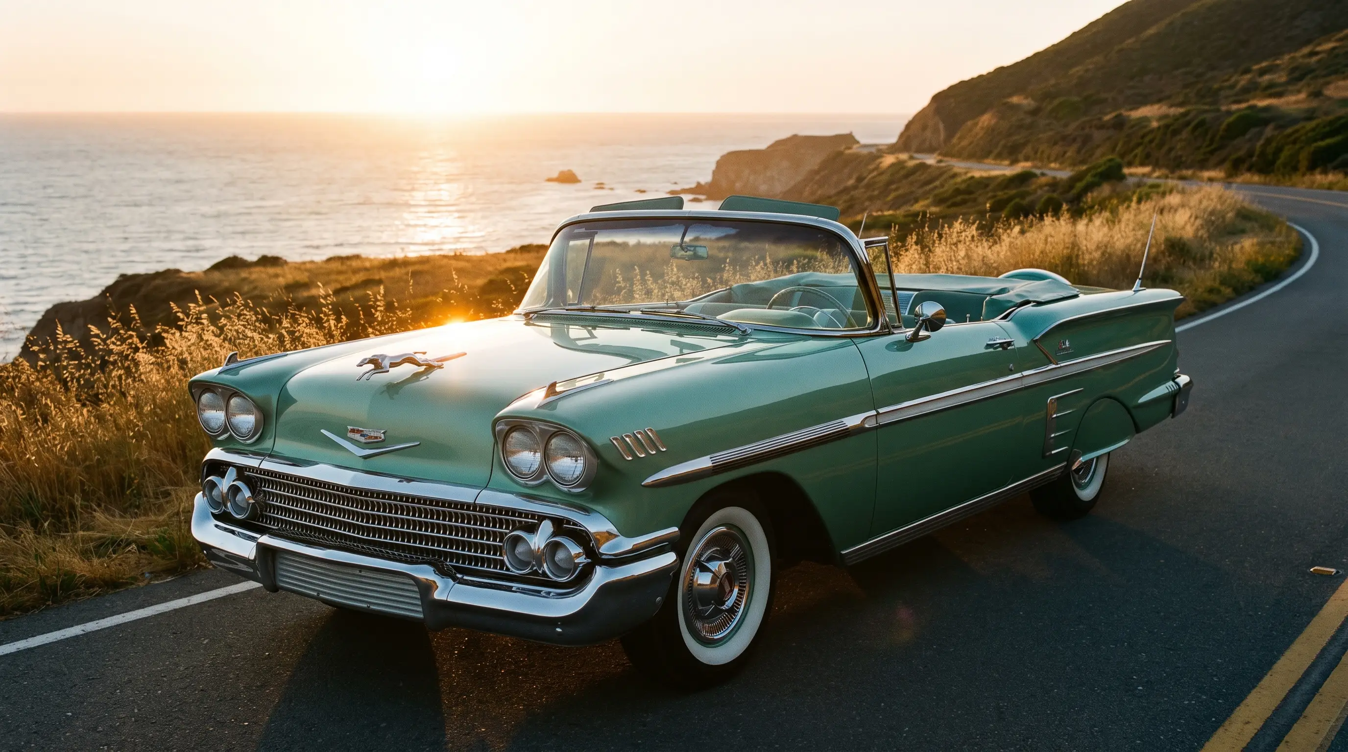 1958 Chevrolet Impala convertible on a coastal highway with chrome hood ornament glinting at sunset