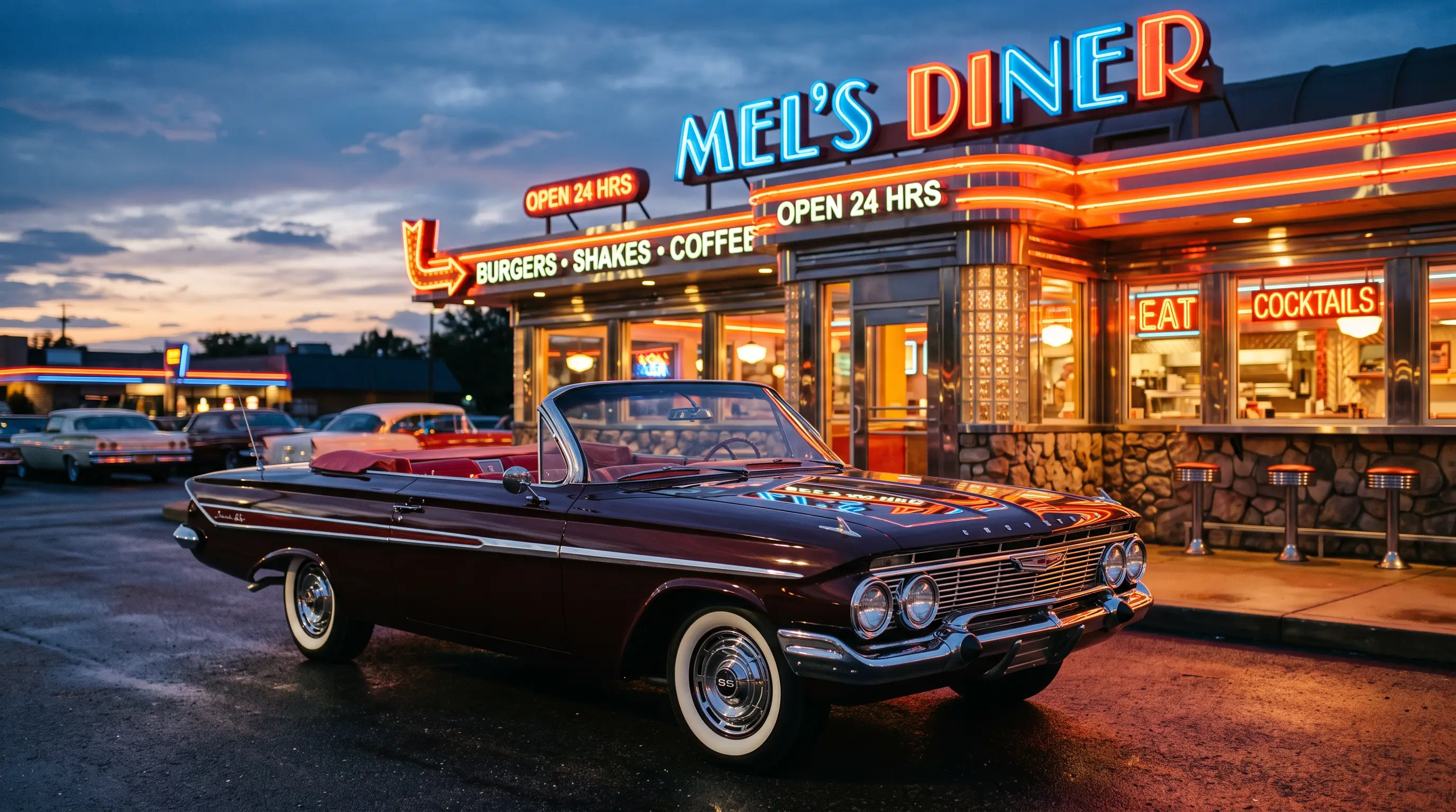 Black cherry 1961 Chevrolet Impala SS convertible outside a neon lit diner