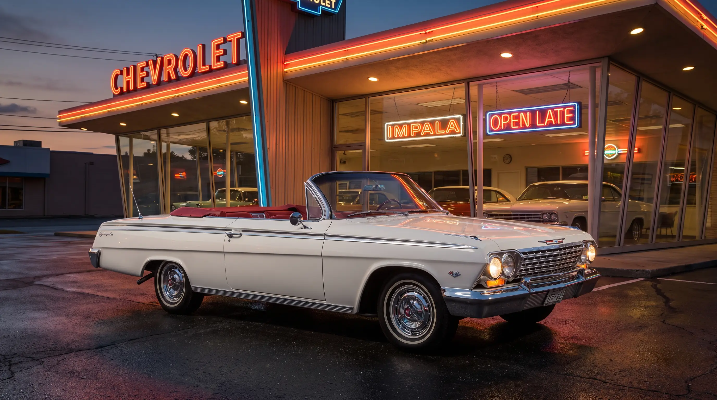 White 1962 Impala SS with chrome trim parked outside a dealership at dusk