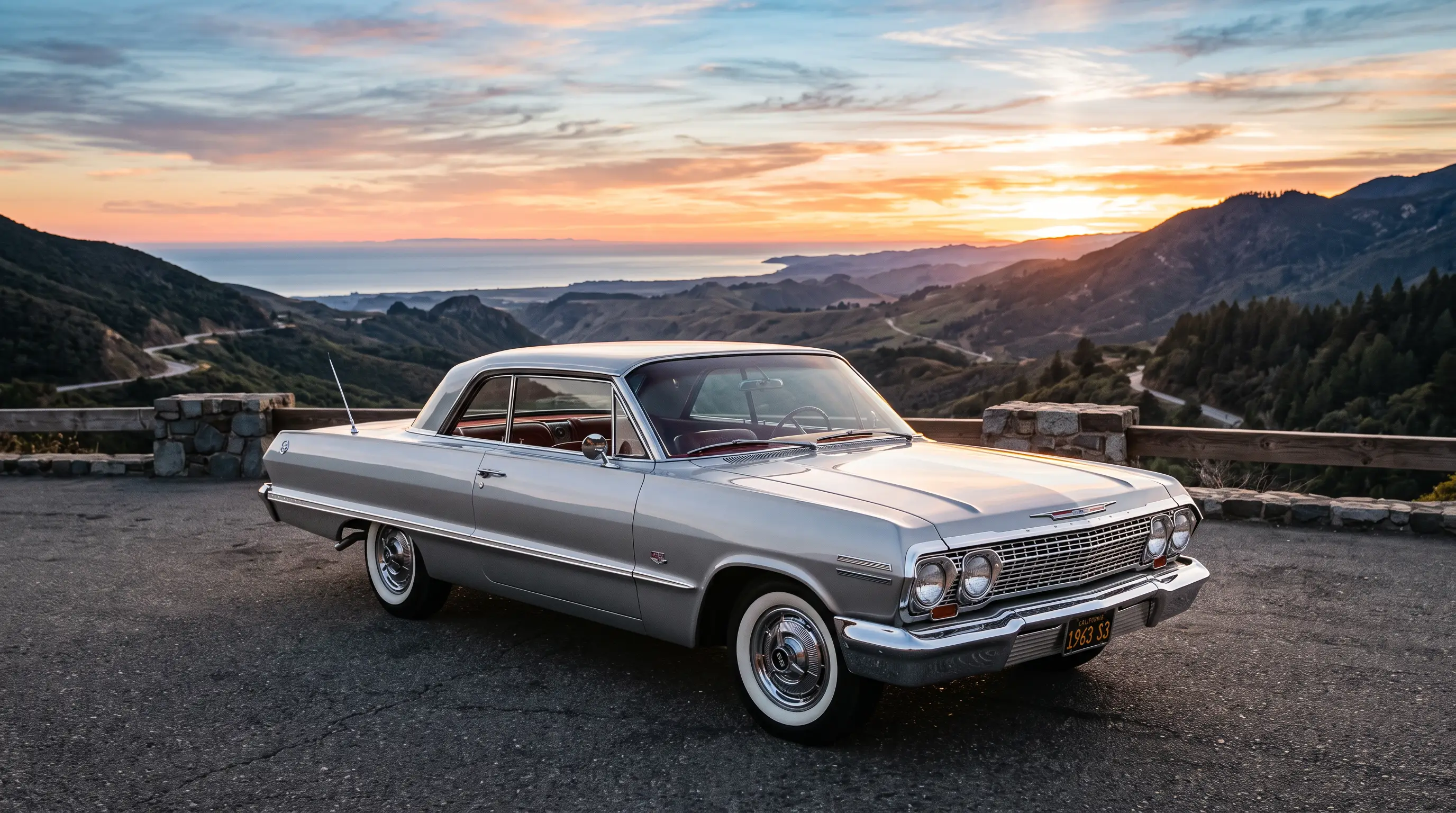 Silver 1963 Chevrolet Impala SS parked at a scenic overlook at sunrise