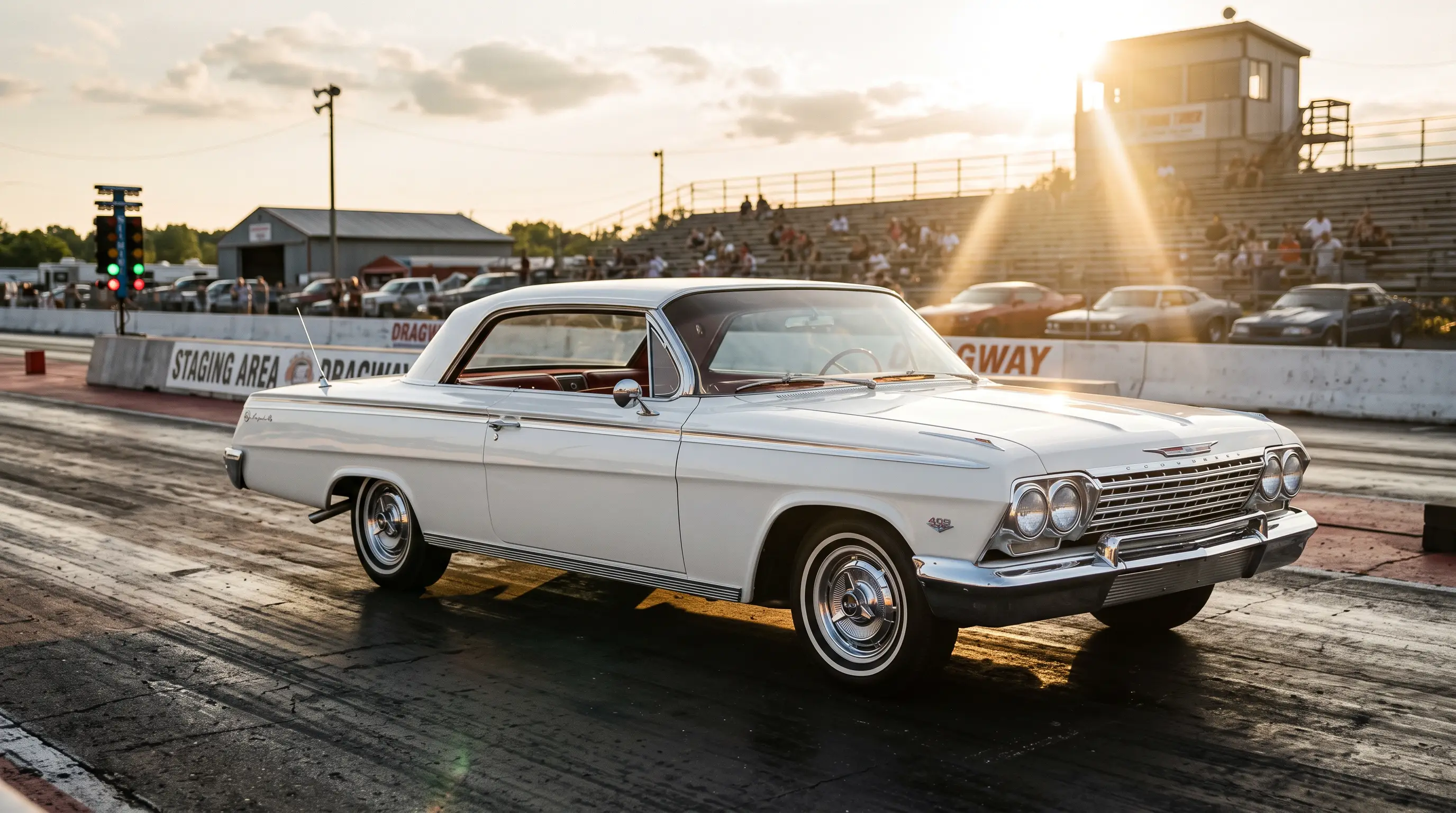 White 1962 Chevrolet Impala SS 409 hardtop at a classic drag strip