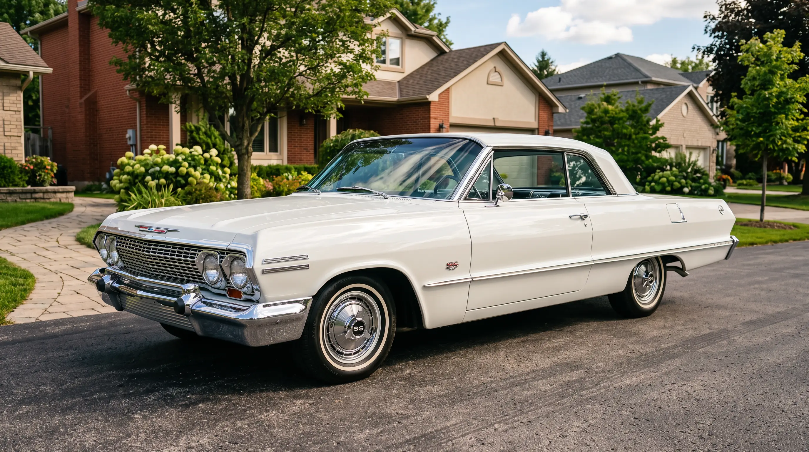 1963 Chevrolet Impala SS in white parked in a sunlit suburban driveway
