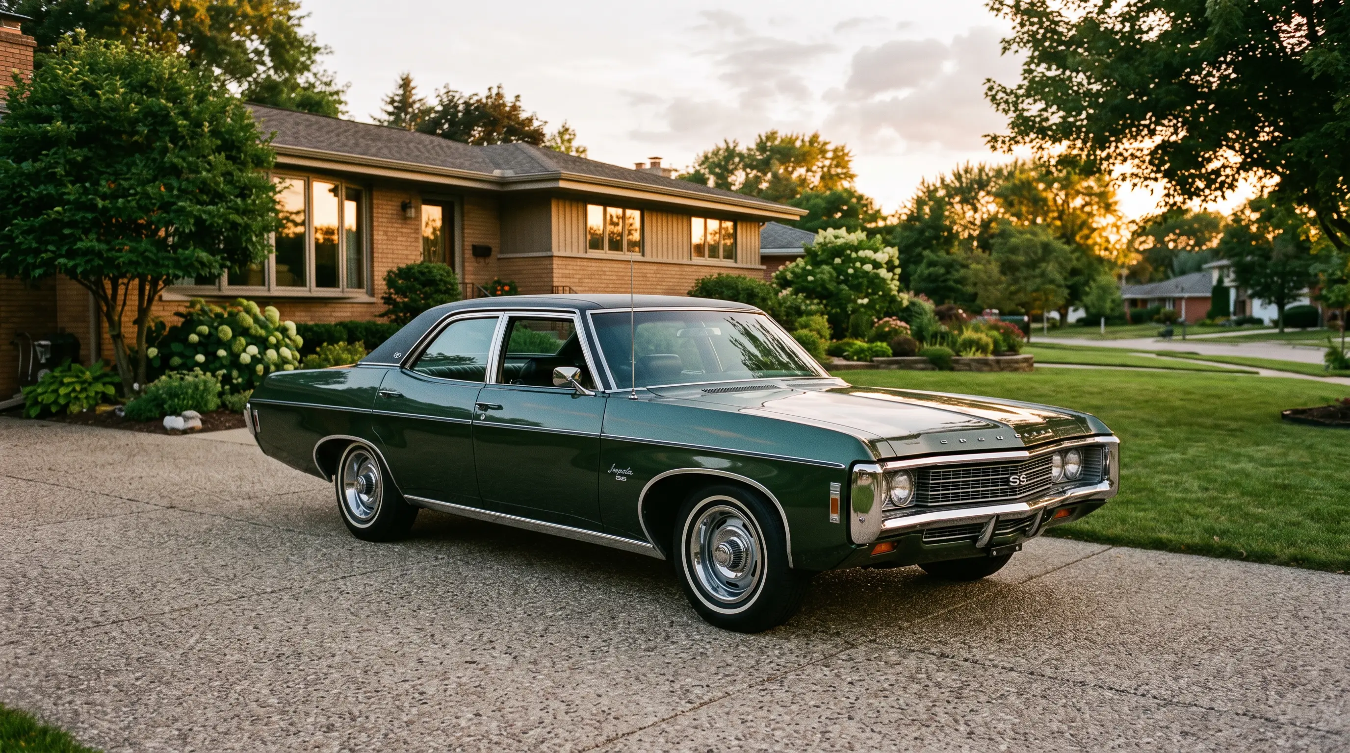 Dark green 1969 Chevrolet Impala SS sedan parked in a driveway at golden hour