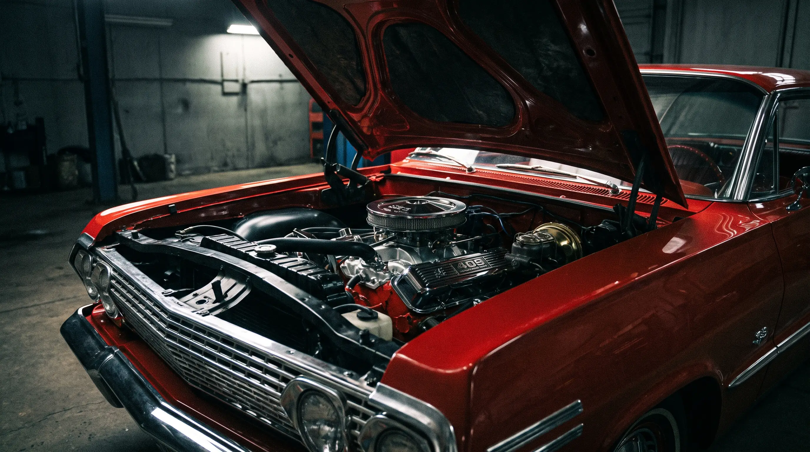 Red 1963 Impala SS with chrome 409 engine visible under a garage spotlight
