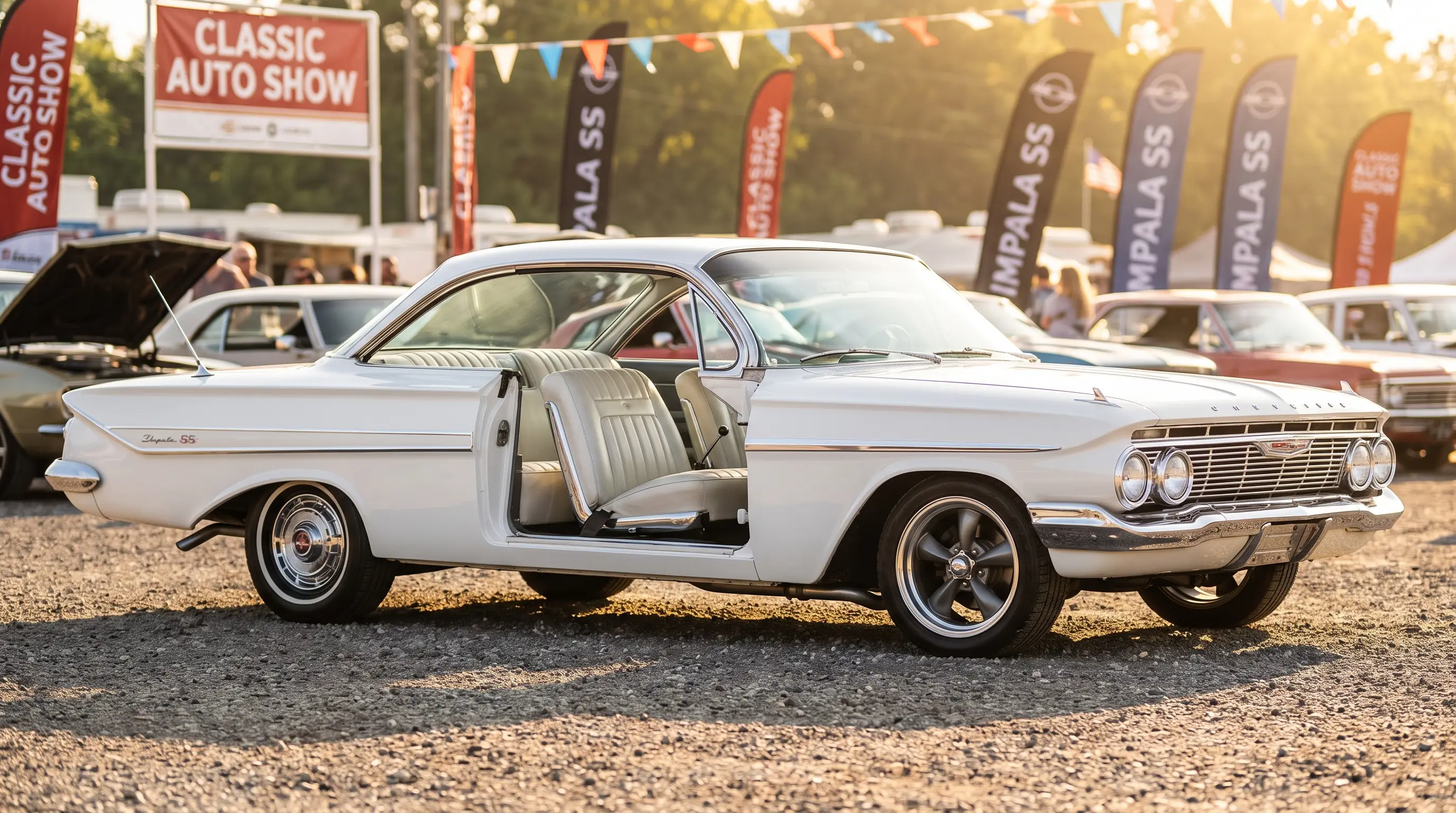 White 1961 Impala SS at a vintage car show under bright sun