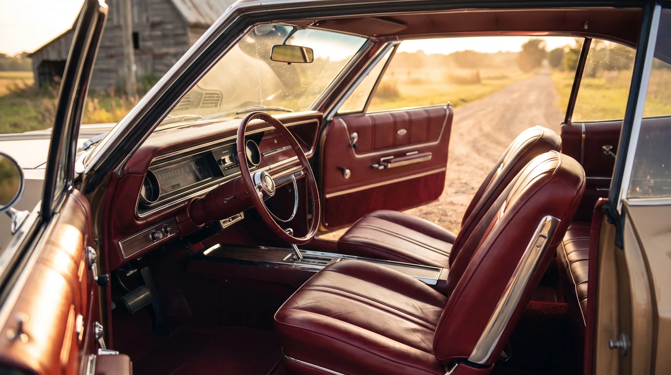 Bucket seats and console of a 1965 Chevrolet Impala SS interior in golden light
