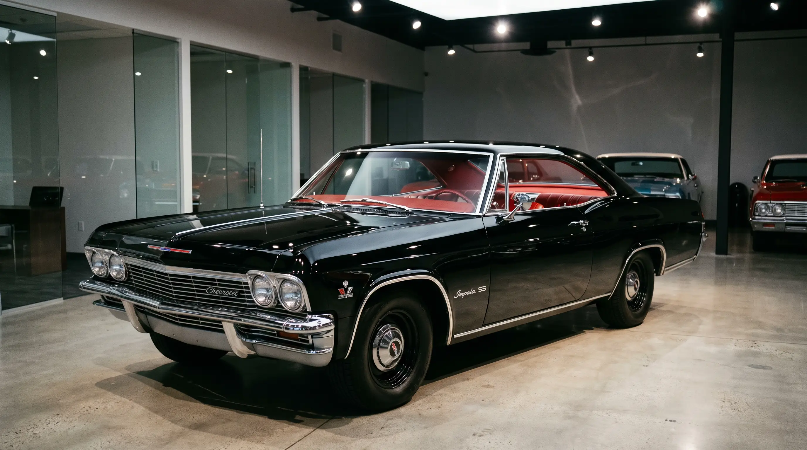 Black 1965 Chevrolet Impala SS 396 under spotlight in a showroom