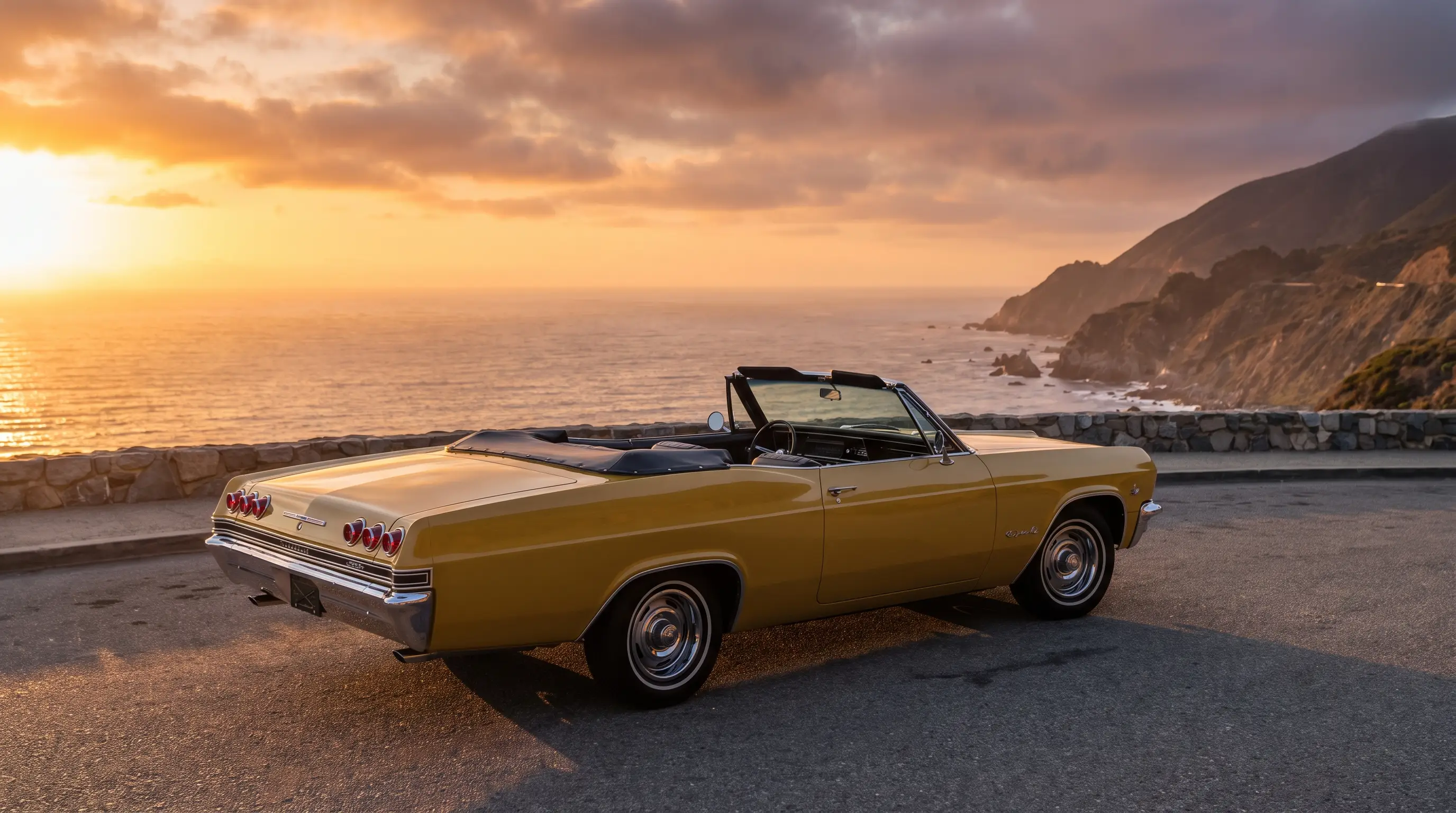 Yellow 1965 Impala SS convertible with top down on a coastal highway at sunset