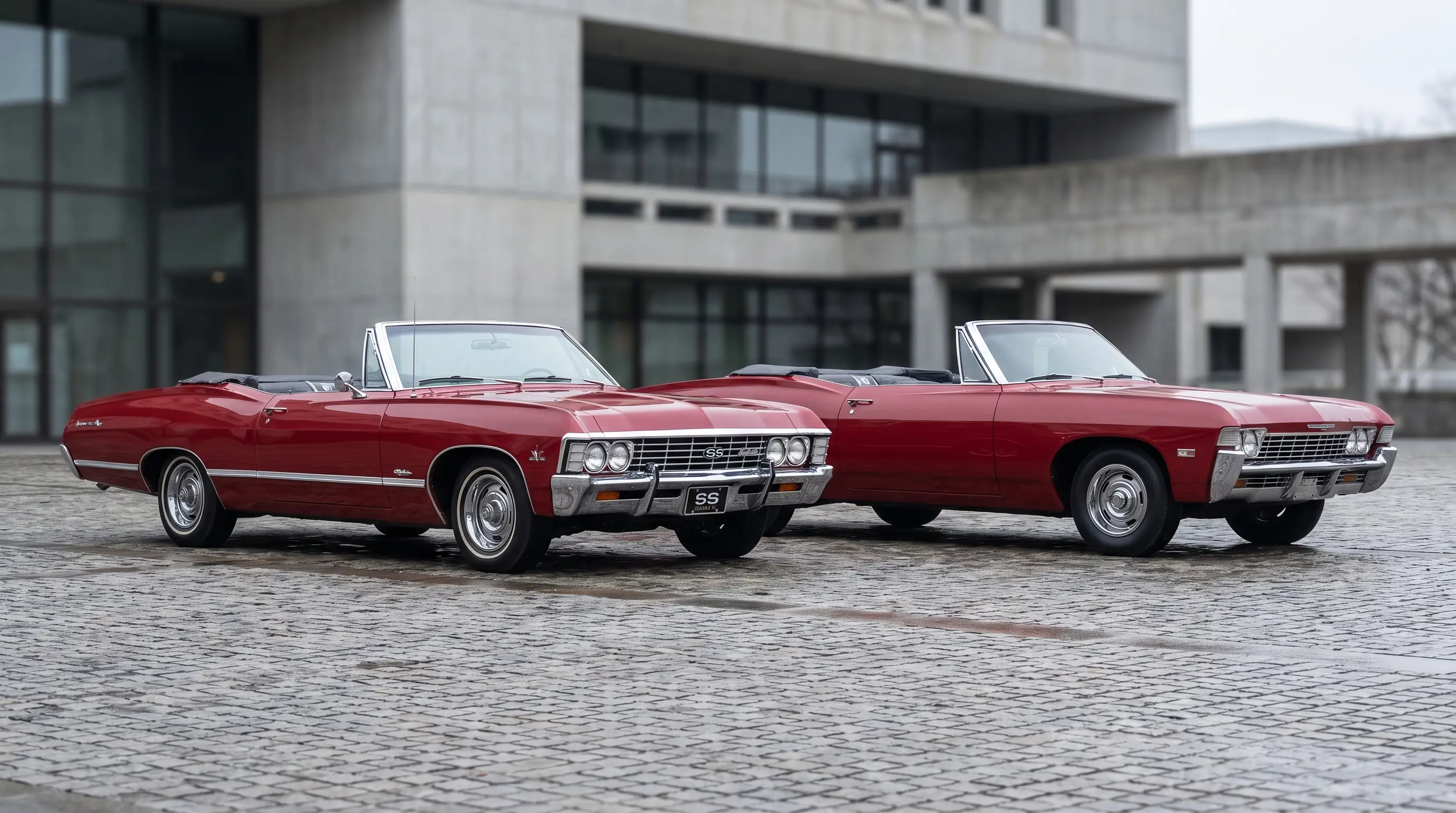 Two similar red 1967 Chevrolet Impalas parked side by side for comparison