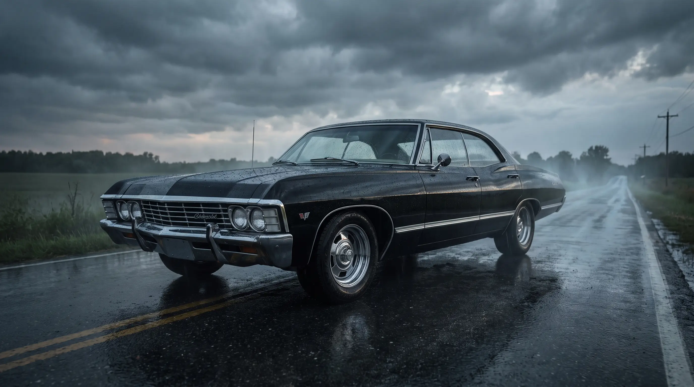 Black 1967 Chevrolet Impala parked on a lonely highway at dusk under a moody sky