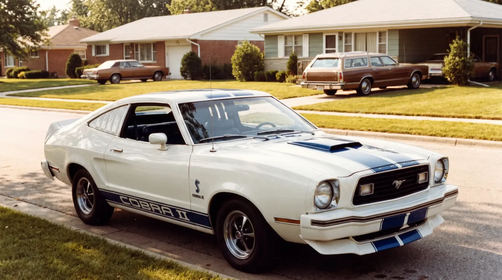 1976 Ford Mustang II Cobra II in white with blue stripes