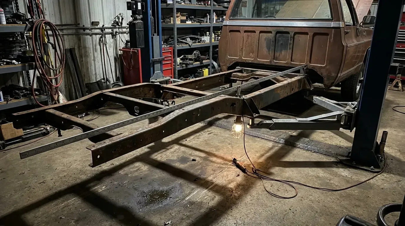 1970s Chevrolet C10 frame -- tram gauge diagonal measurement on a lift
