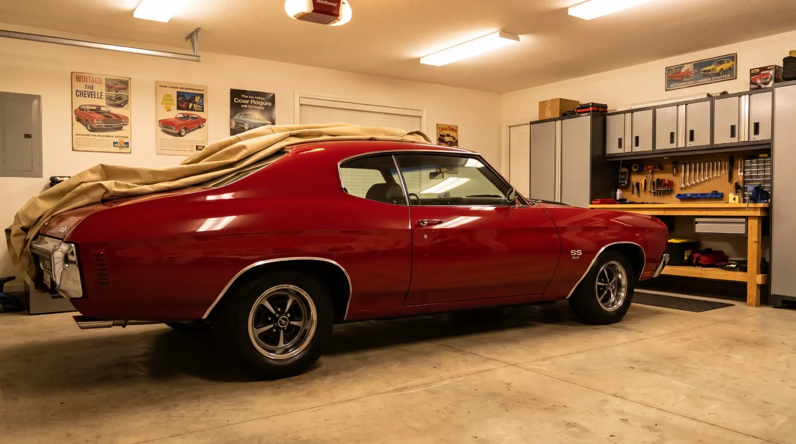 1970 Chevrolet Chevelle SS cranberry red parked in a clean home garage