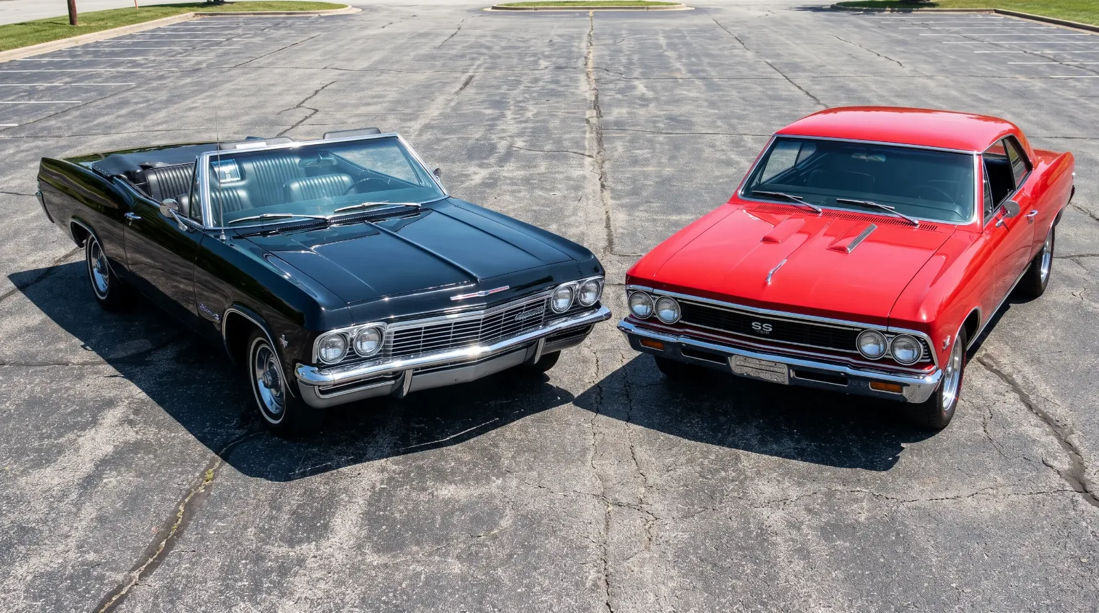 Full-size 1965 Chevrolet Impala SS next to a mid-size 1966 Chevelle SS for size comparison