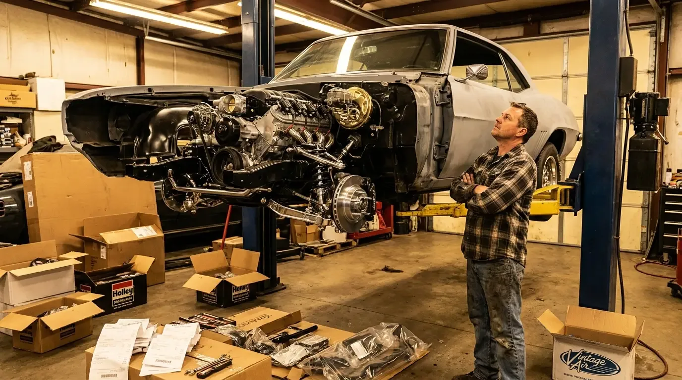 A restomod project up on a shop lift mid-build with the engine exposed while a builder stands back assessing it amid parts boxes and receipts, evoking the cost-versus-reward question.