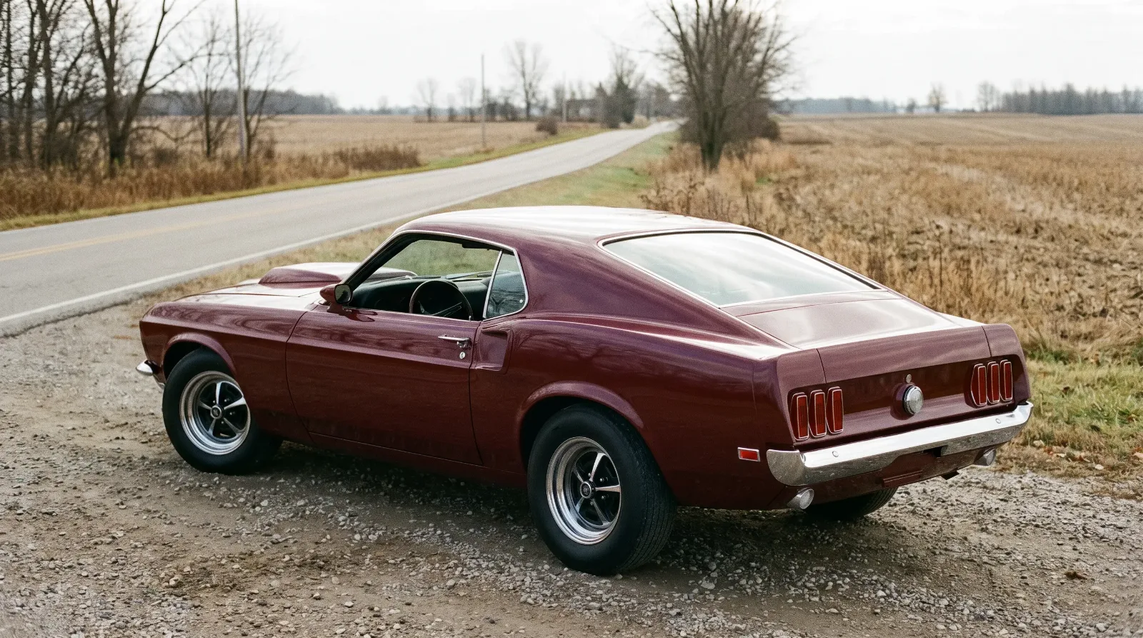 1969 Ford Mustang Boss 429, parked on a rural road shoulder