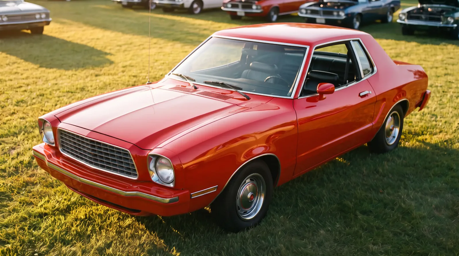 1974 Ford Mustang II, red hardtop on a show lawn