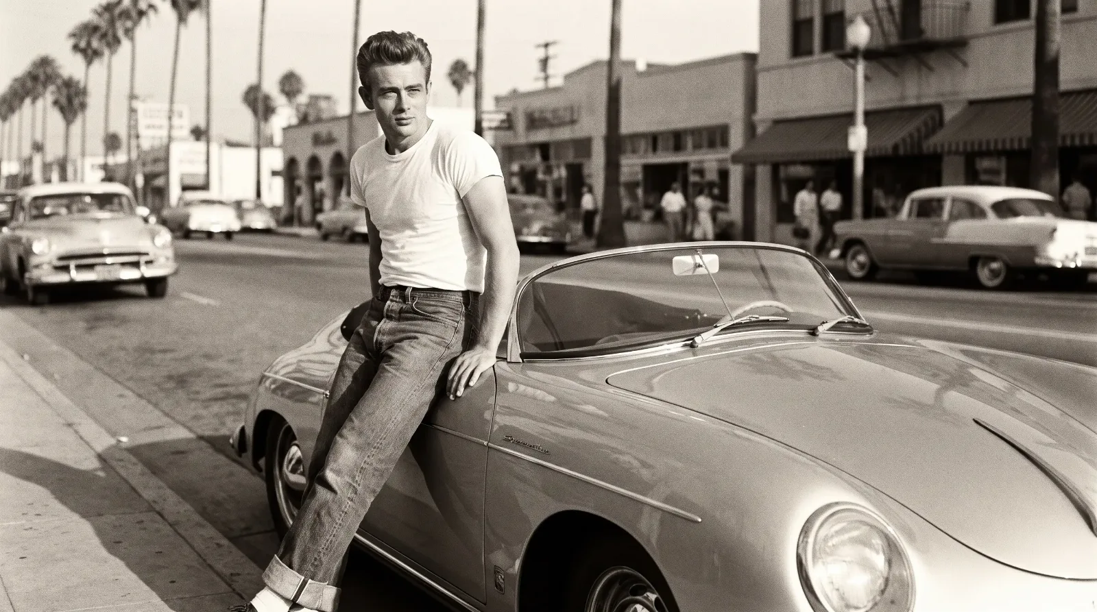 1950s period photograph of a young actor leaning against a silver Porsche 356 Speedster on a sunlit California street