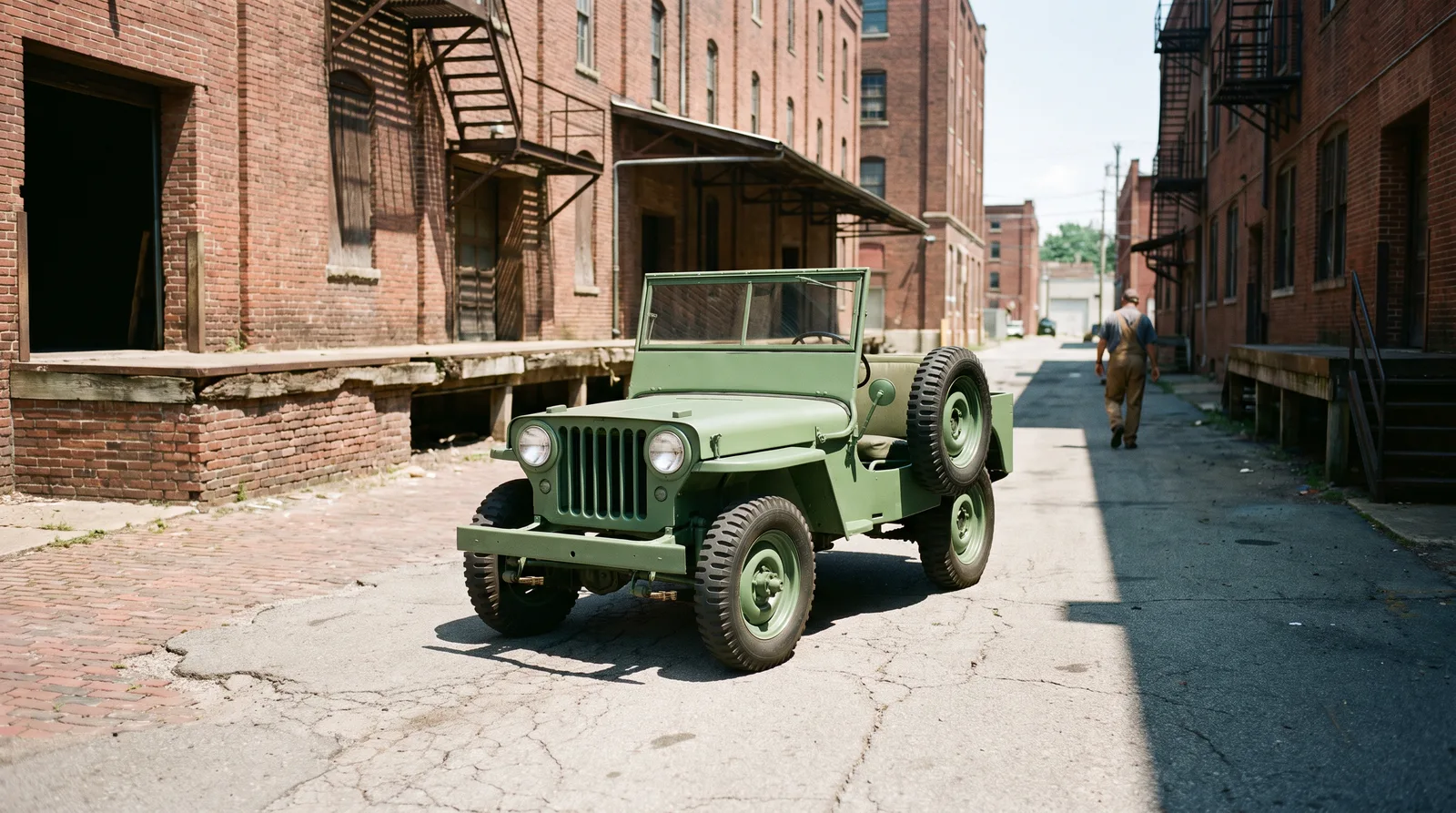 1946 Willys CJ-2A: Pasture Green jeep in a warehouse alley
