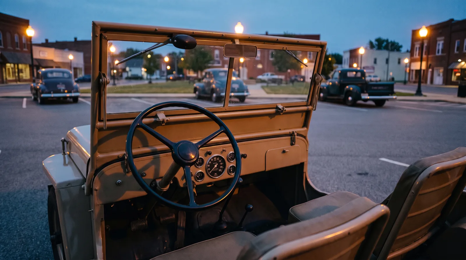 1946 Willys CJ-2A, cockpit view over a dusk parking lot