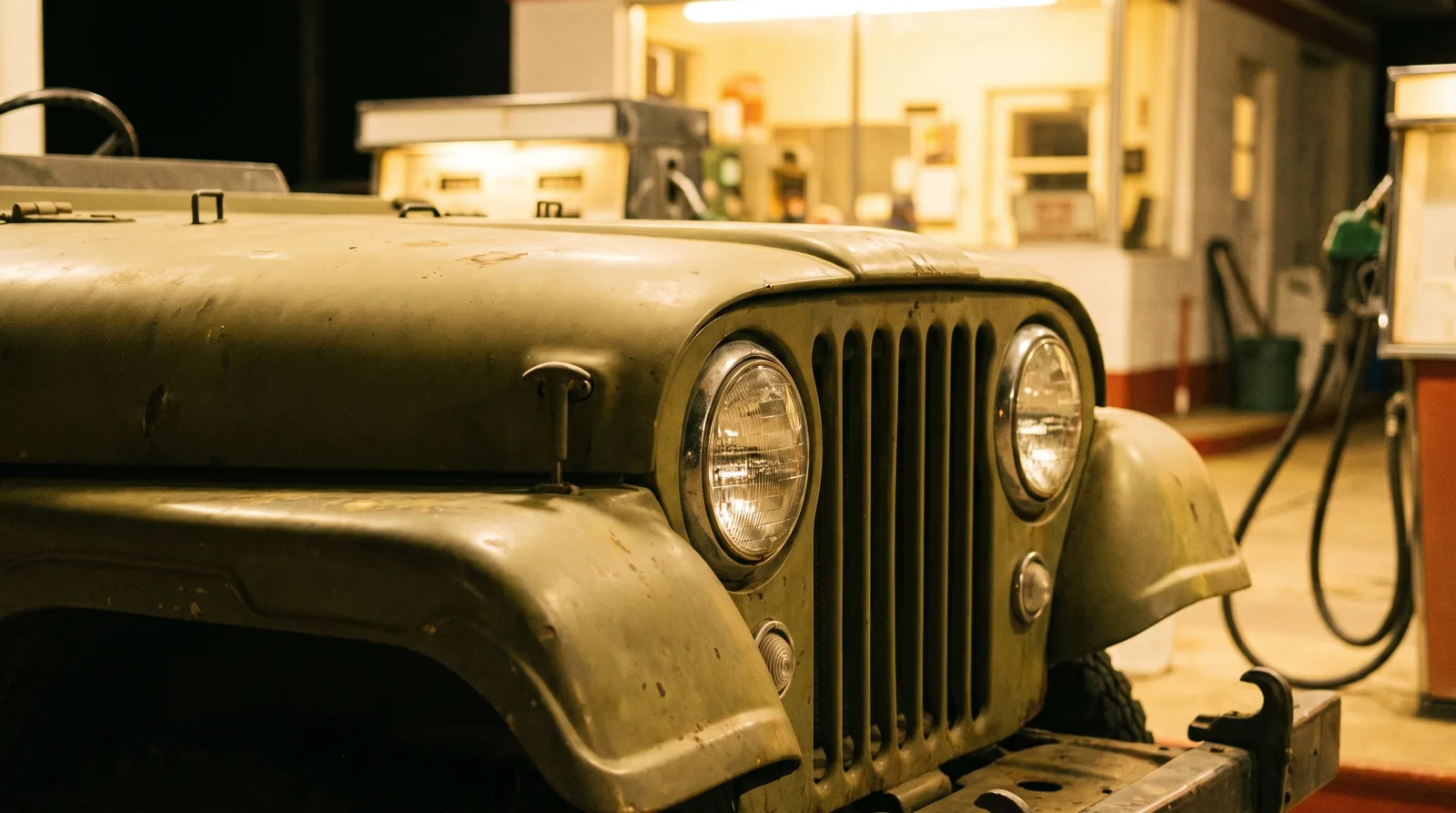 1965 Jeep CJ-5 â€” olive drab grille at an old gas station