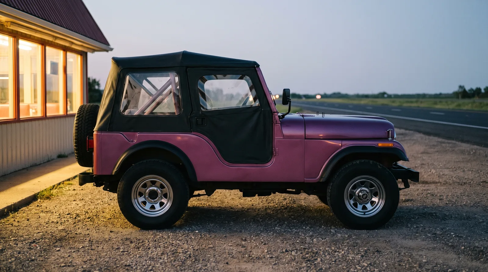 1974 Jeep CJ-5 Renegade, roadside diner at dusk