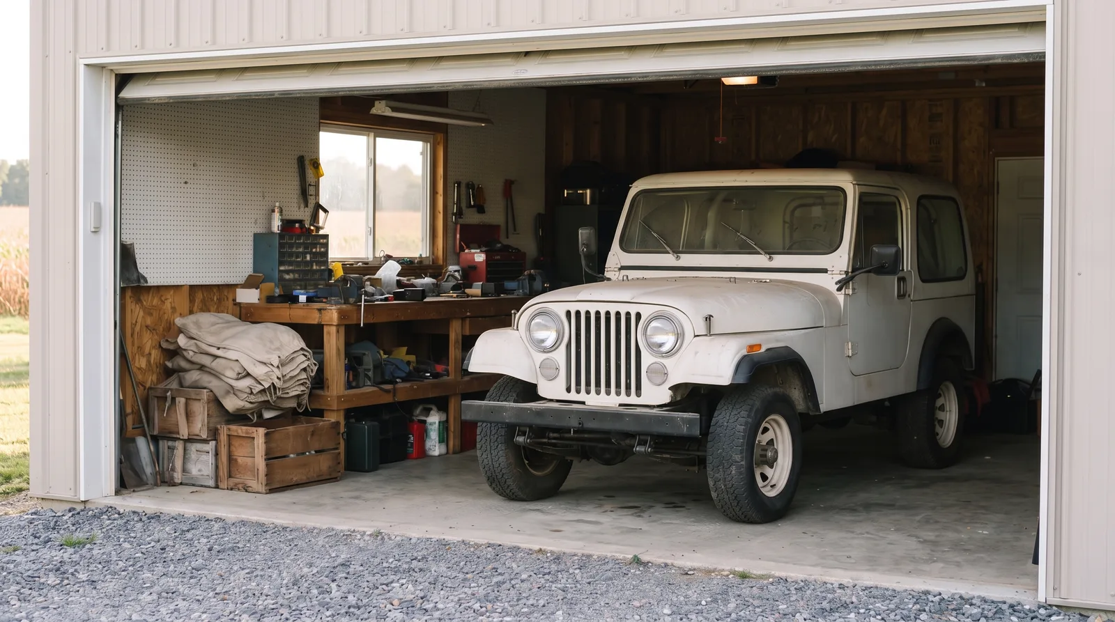 Jeep CJ-5, fleet white hardtop in a rural garage